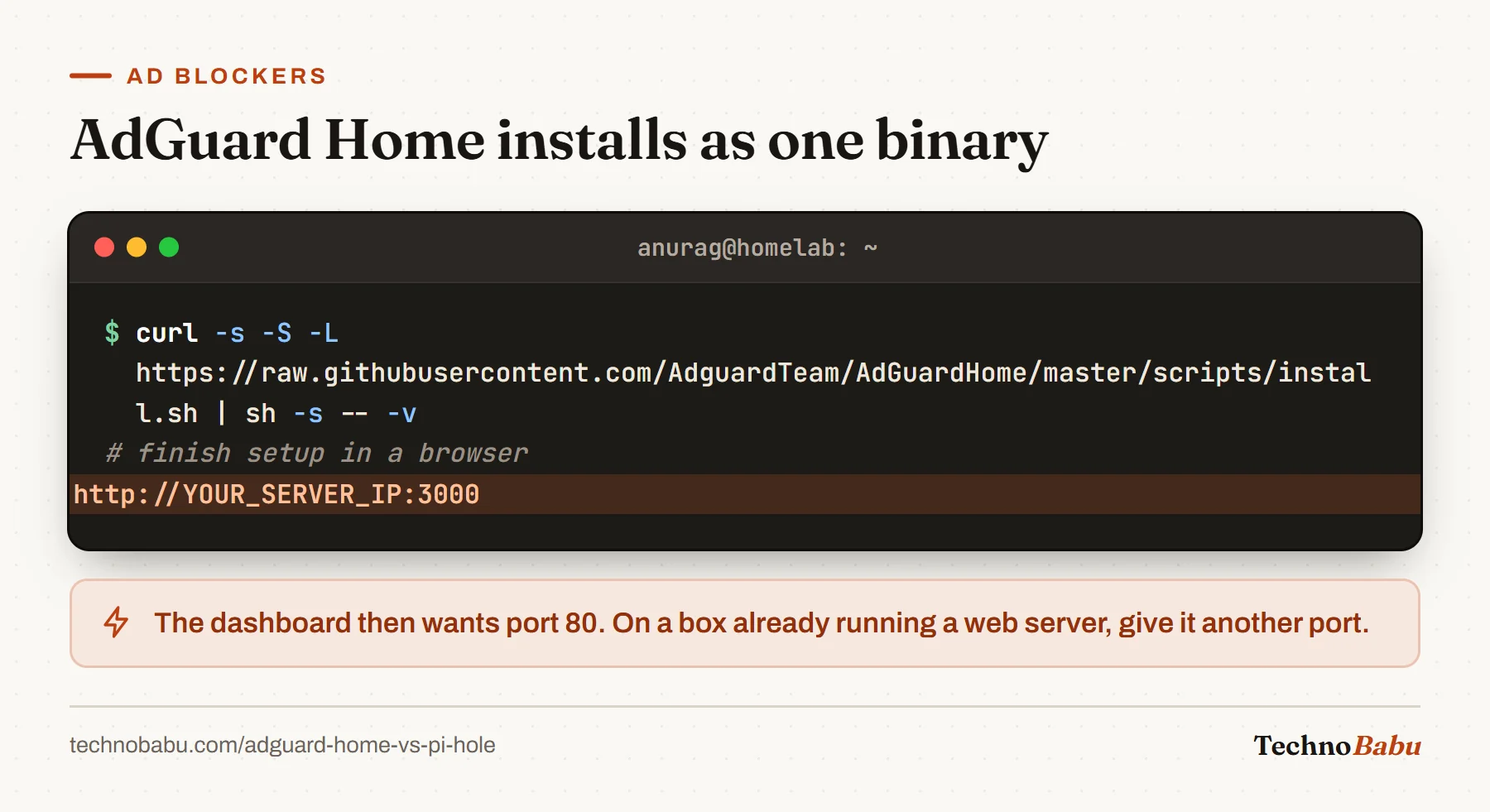 Terminal: the AdGuard Home install script run with curl, then setup finished in a browser on port 3000.