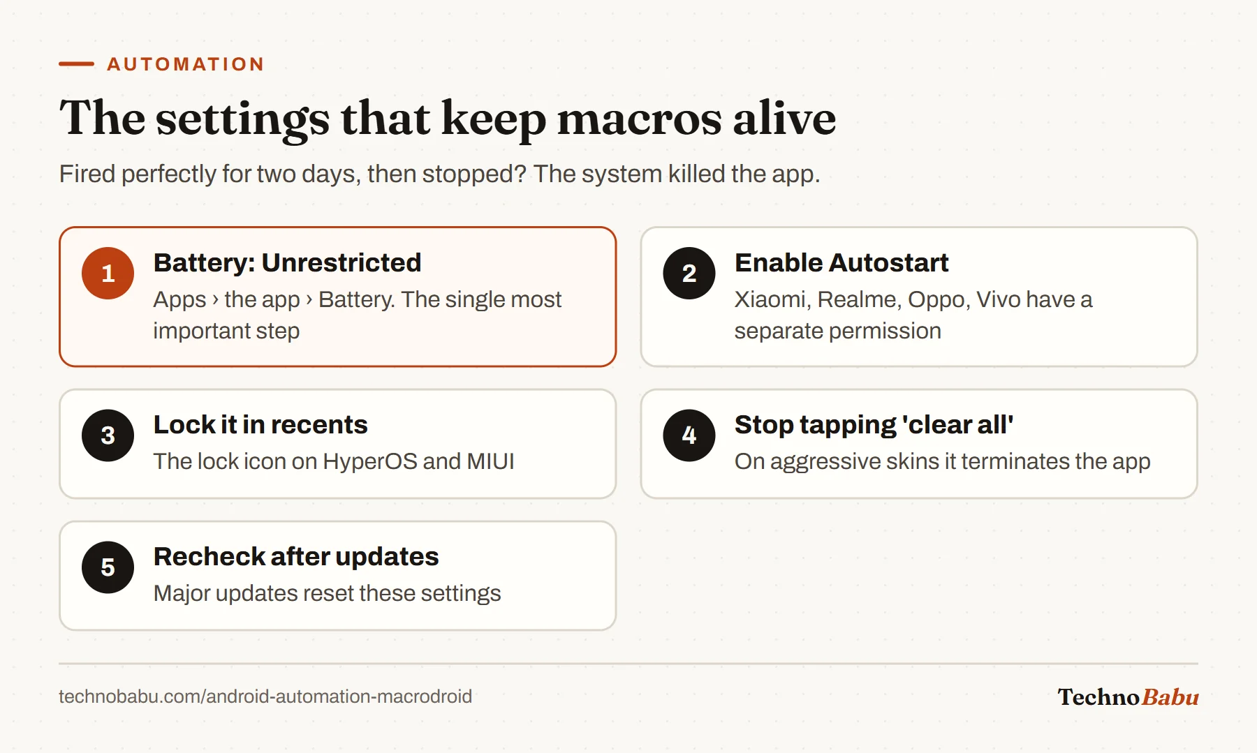 Five steps to keep MacroDroid running: set battery to Unrestricted, enable Autostart, lock it in recents, stop clearing all apps, and recheck after system updates.