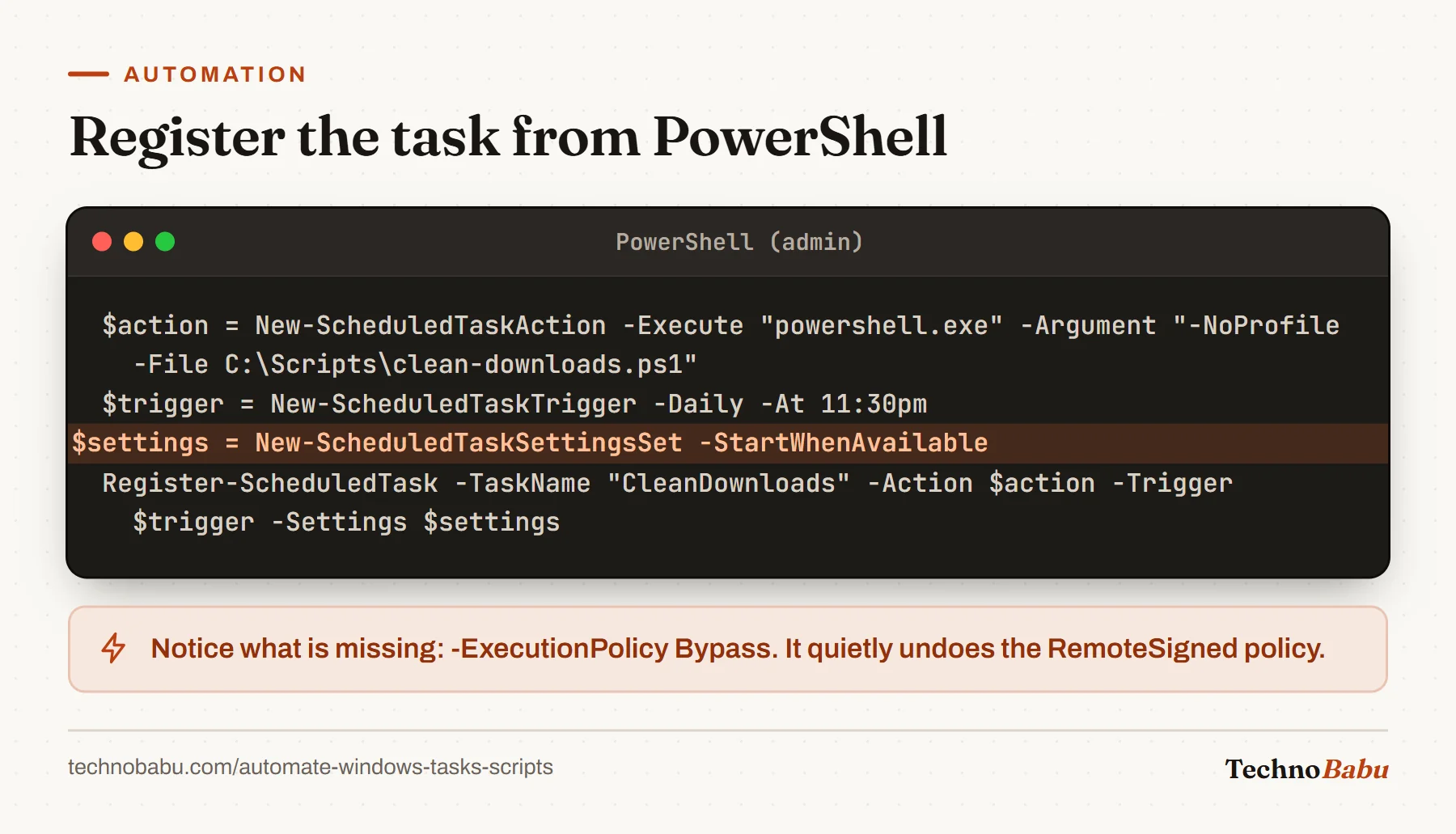PowerShell registering a scheduled task named CleanDownloads that runs the script daily at 11:30 pm with StartWhenAvailable highlighted.