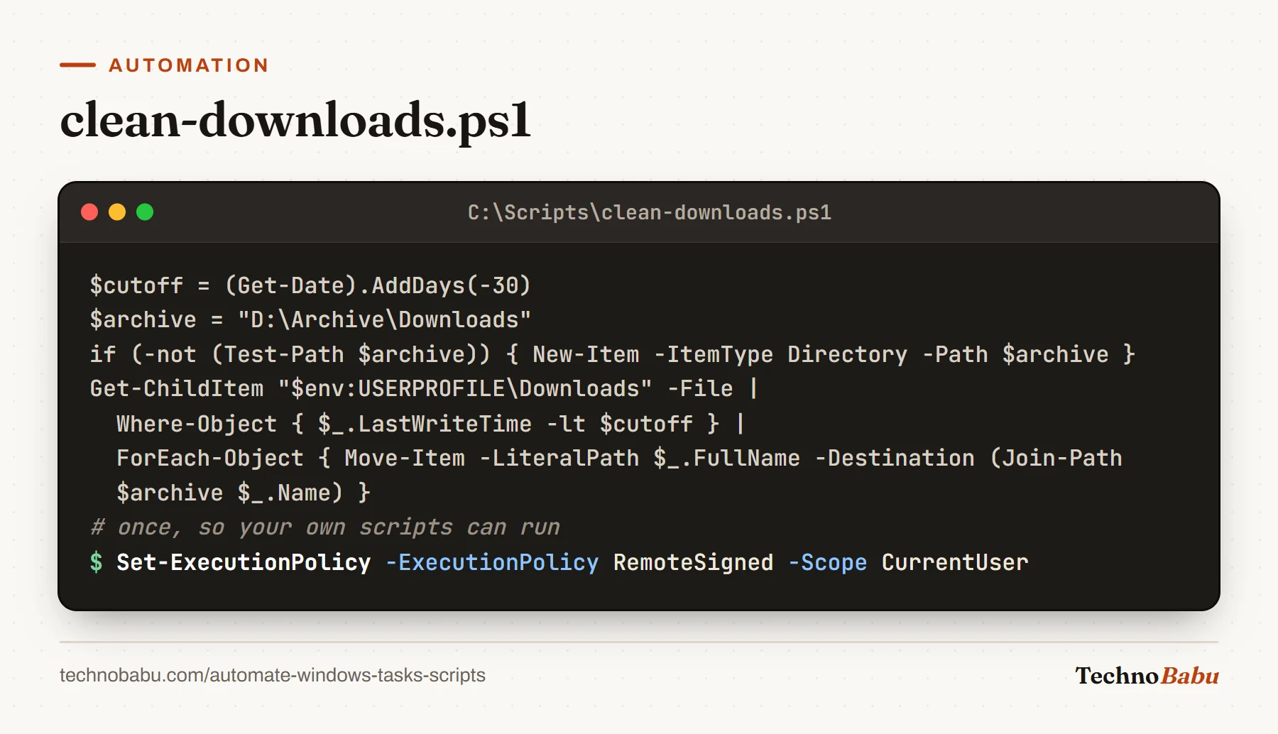 PowerShell script moving Downloads files older than 30 days to D:\Archive\Downloads, followed by Set-ExecutionPolicy RemoteSigned for the current user.