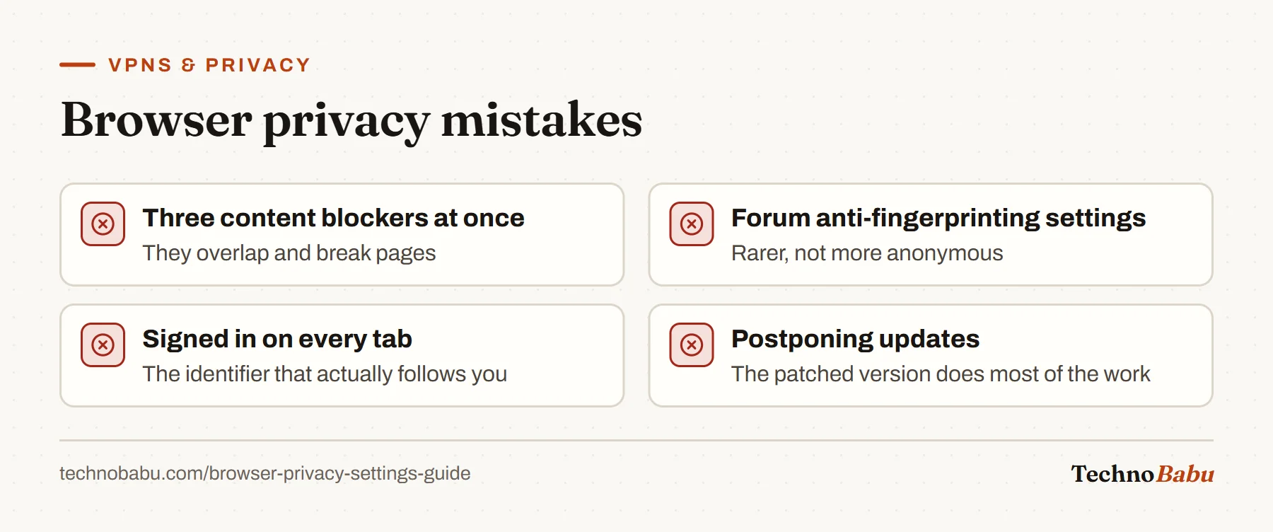 Browser privacy mistakes: stacking blockers, copying fingerprinting tweaks, staying signed in everywhere, and postponing browser updates.
