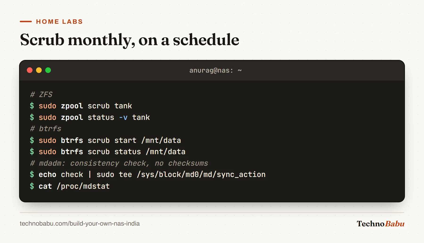 Terminal: zpool scrub and status for ZFS, btrfs scrub start and status, and an mdadm consistency check via sync_action and /proc/mdstat.
