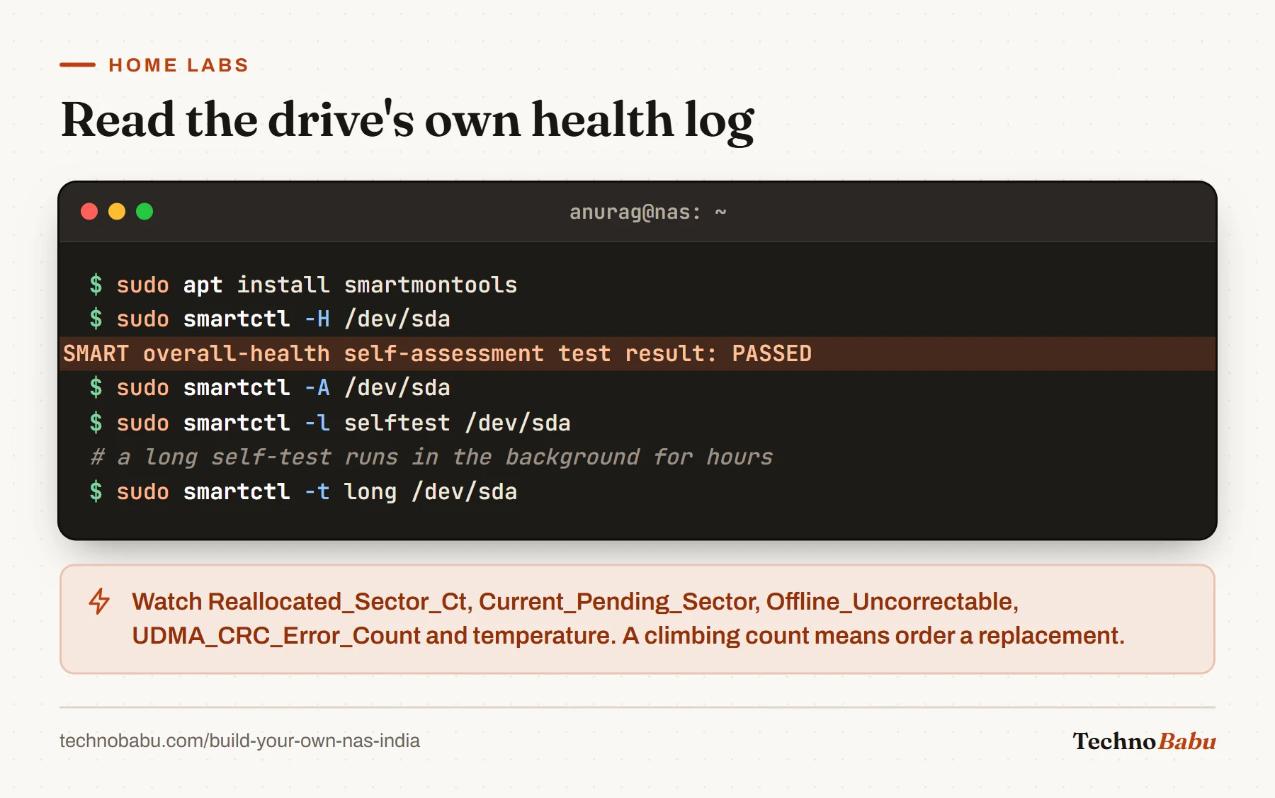 Terminal: install smartmontools, smartctl -H reporting PASSED, then attribute and self-test log reads and a long self-test.