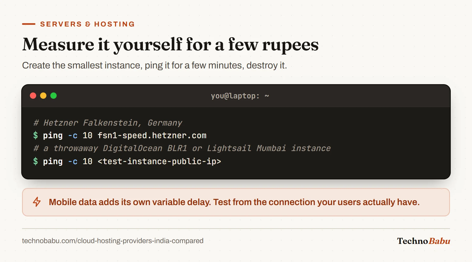 Terminal: ping ten times to Hetzner's Falkenstein speed-test host and to a temporary instance's public IP.