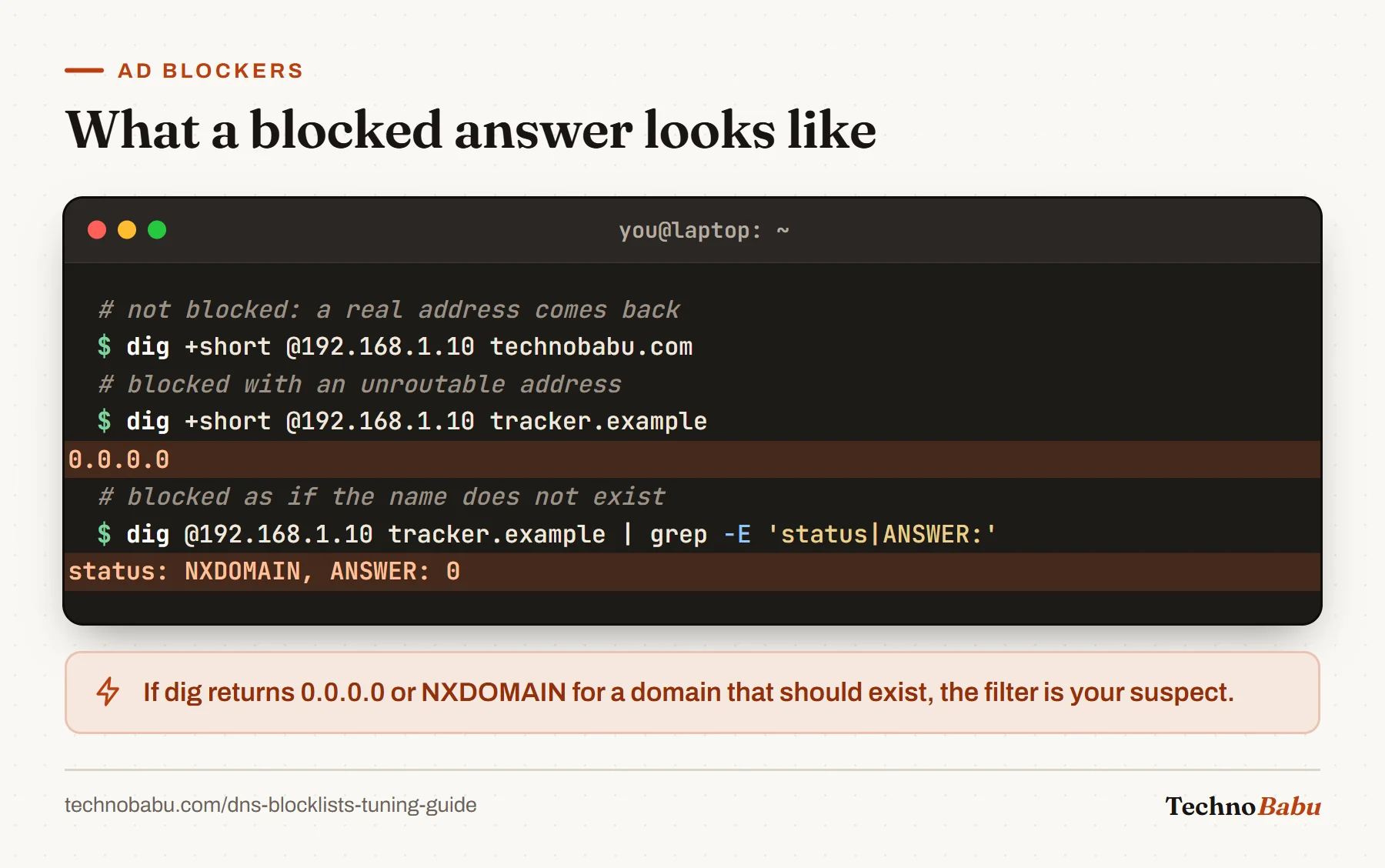 Terminal: dig against the filter at 192.168.1.10 returns a real address for an allowed name, 0.0.0.0 for one blocked name, and NXDOMAIN with zero answers for another.