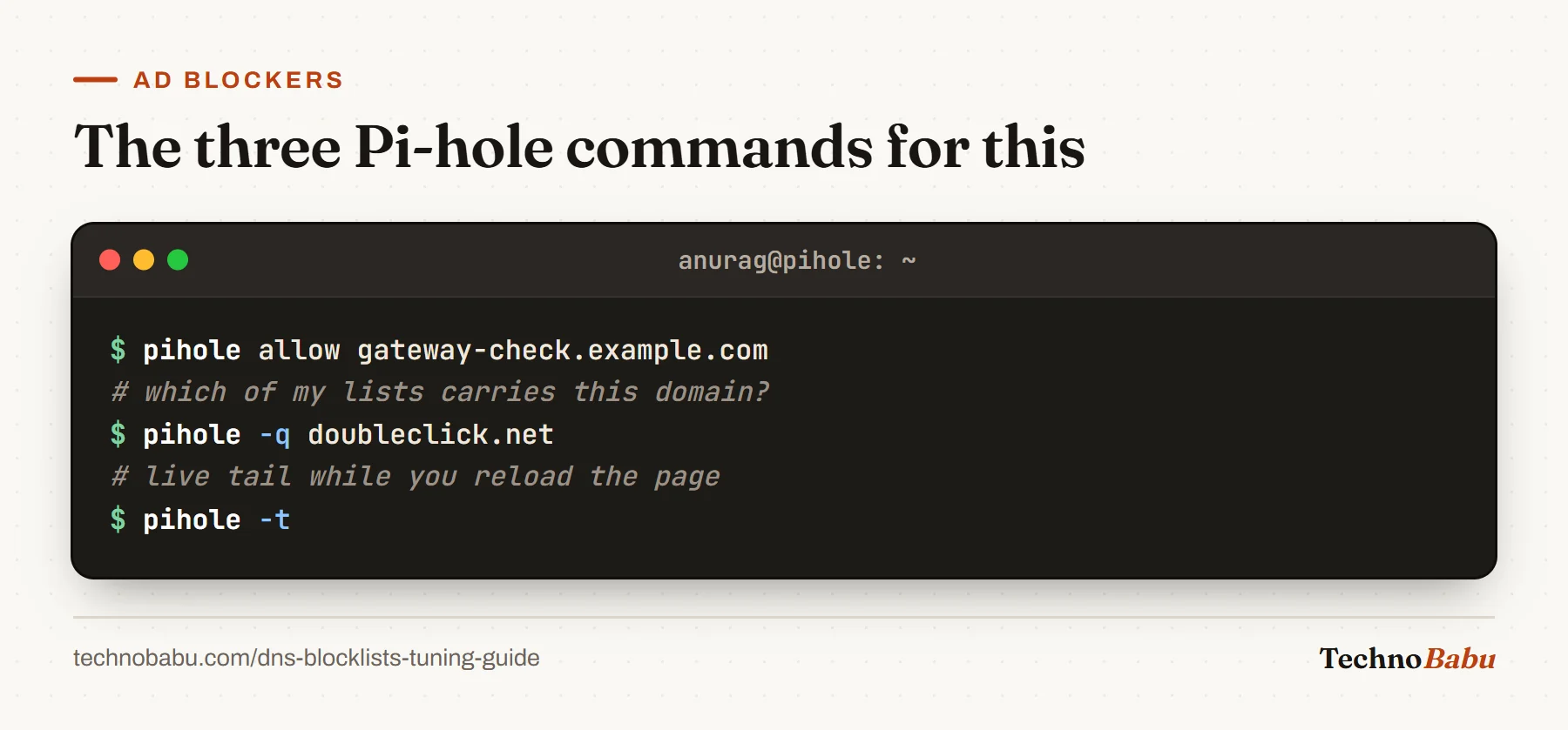 Terminal: pihole allow for a payment gateway domain, pihole -q to find which list carries a domain, and pihole -t for a live query tail.