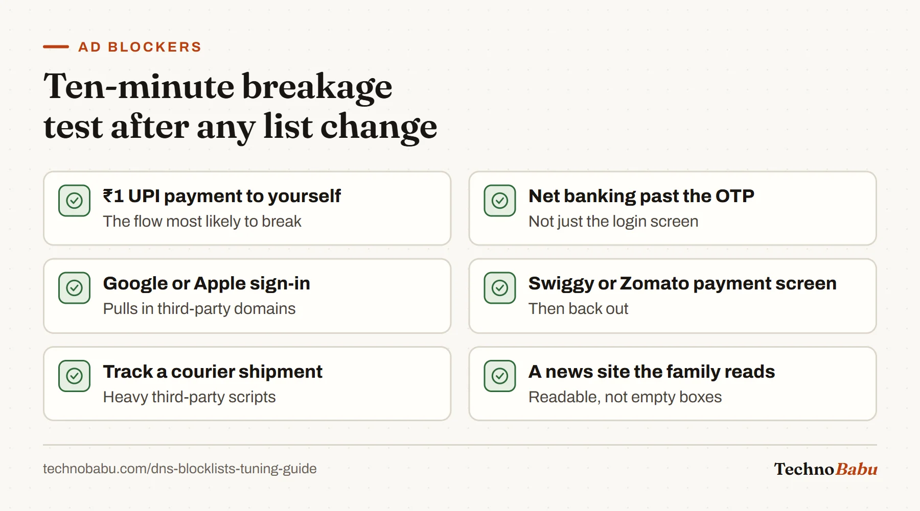 Six checks after changing blocklists: a one-rupee UPI payment, net banking past the OTP, single sign-on, a food delivery payment screen, courier tracking and a news site.