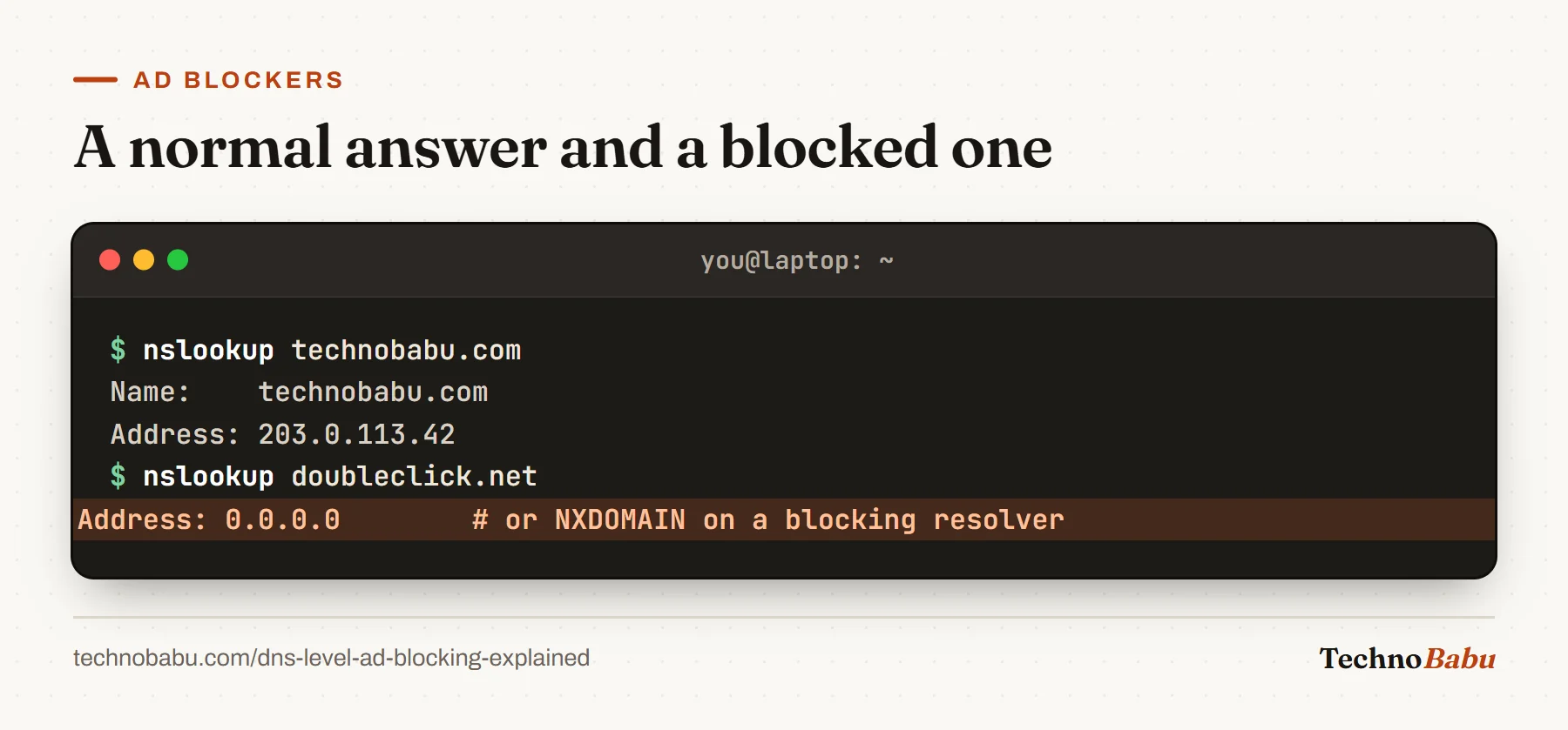Terminal: nslookup for technobabu.com returns 203.0.113.42, while nslookup for doubleclick.net on a blocking resolver returns 0.0.0.0.