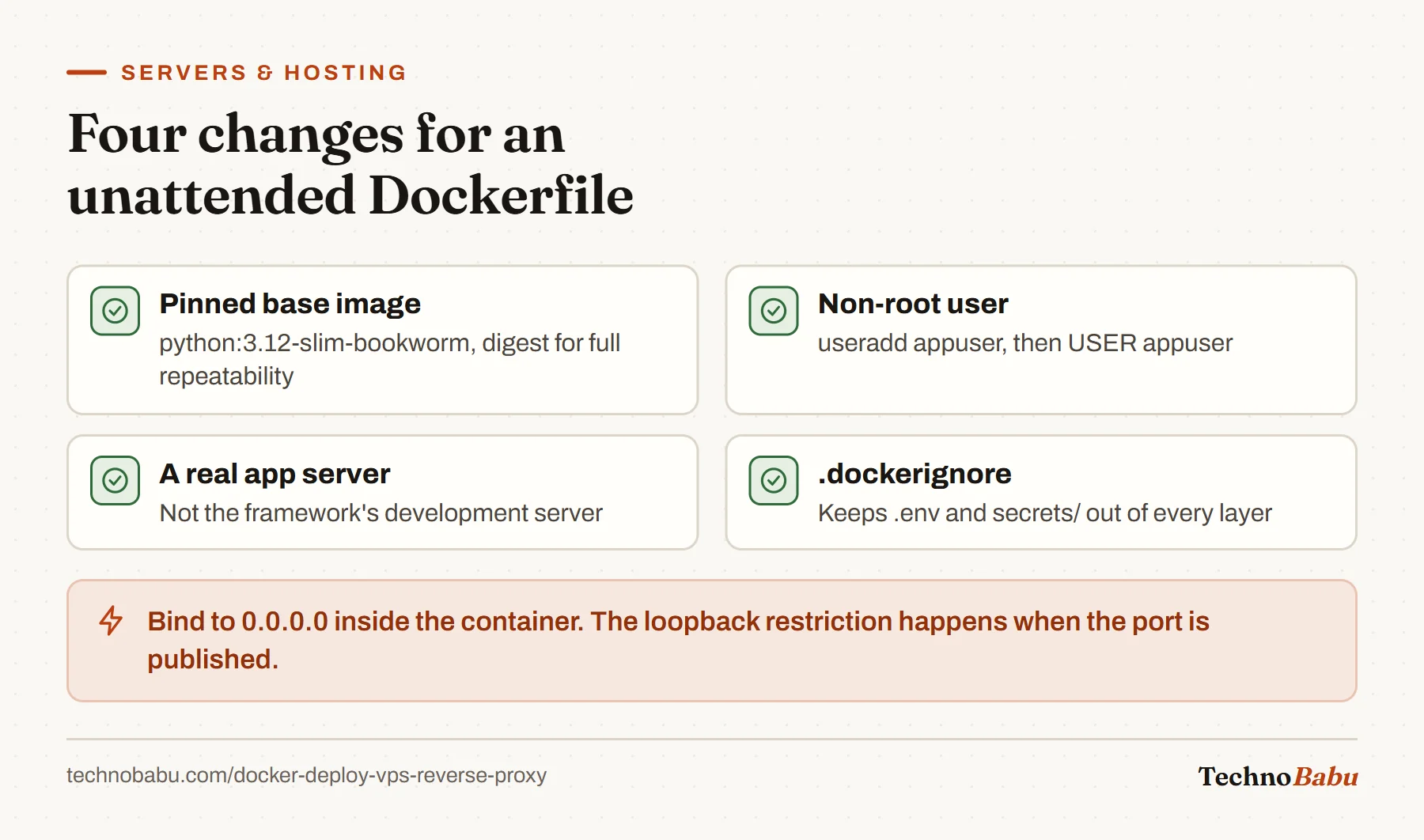 Checklist for a production Dockerfile: pin the base image, run as a non-root user, use a real app server, and add a .dockerignore for .env and secrets.