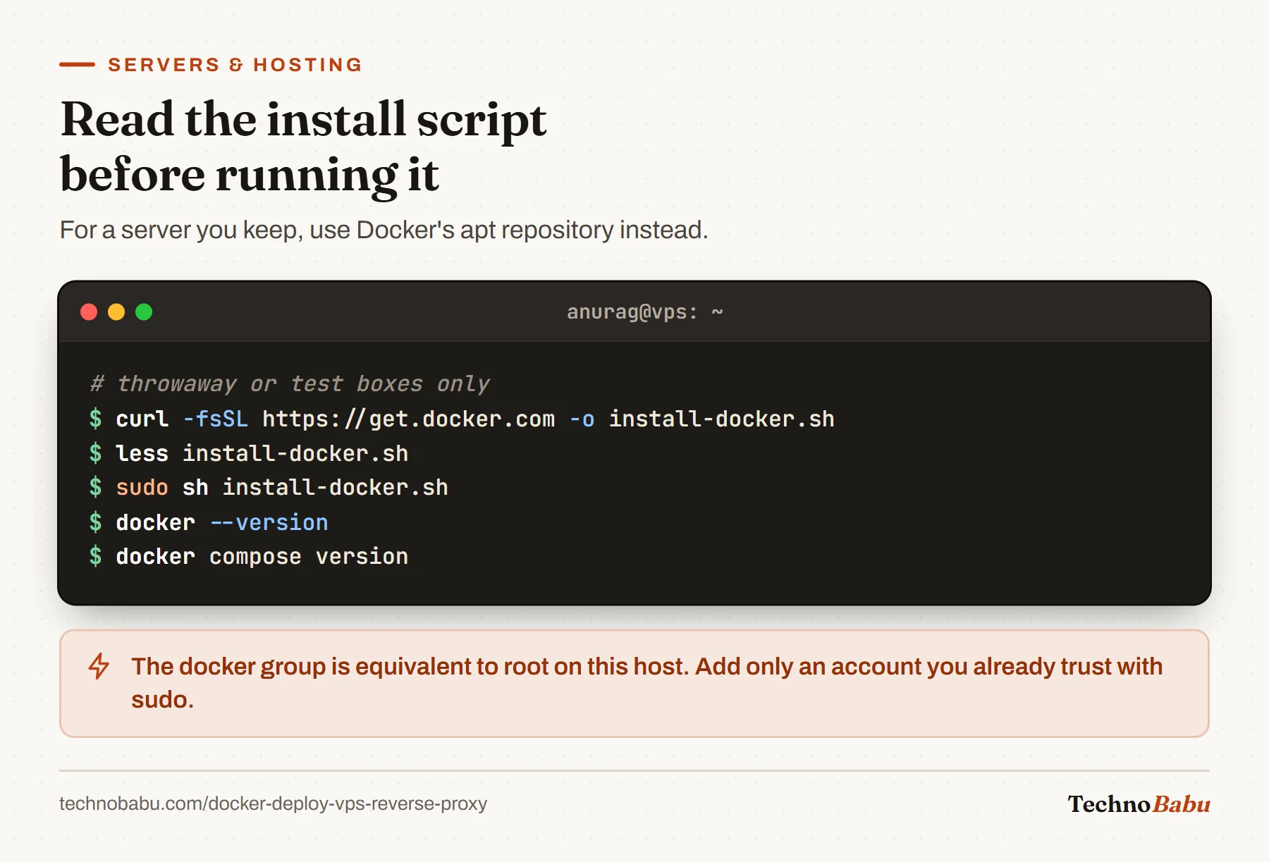 Terminal: download Docker's convenience script, read it with less, run it, then check docker and docker compose versions.