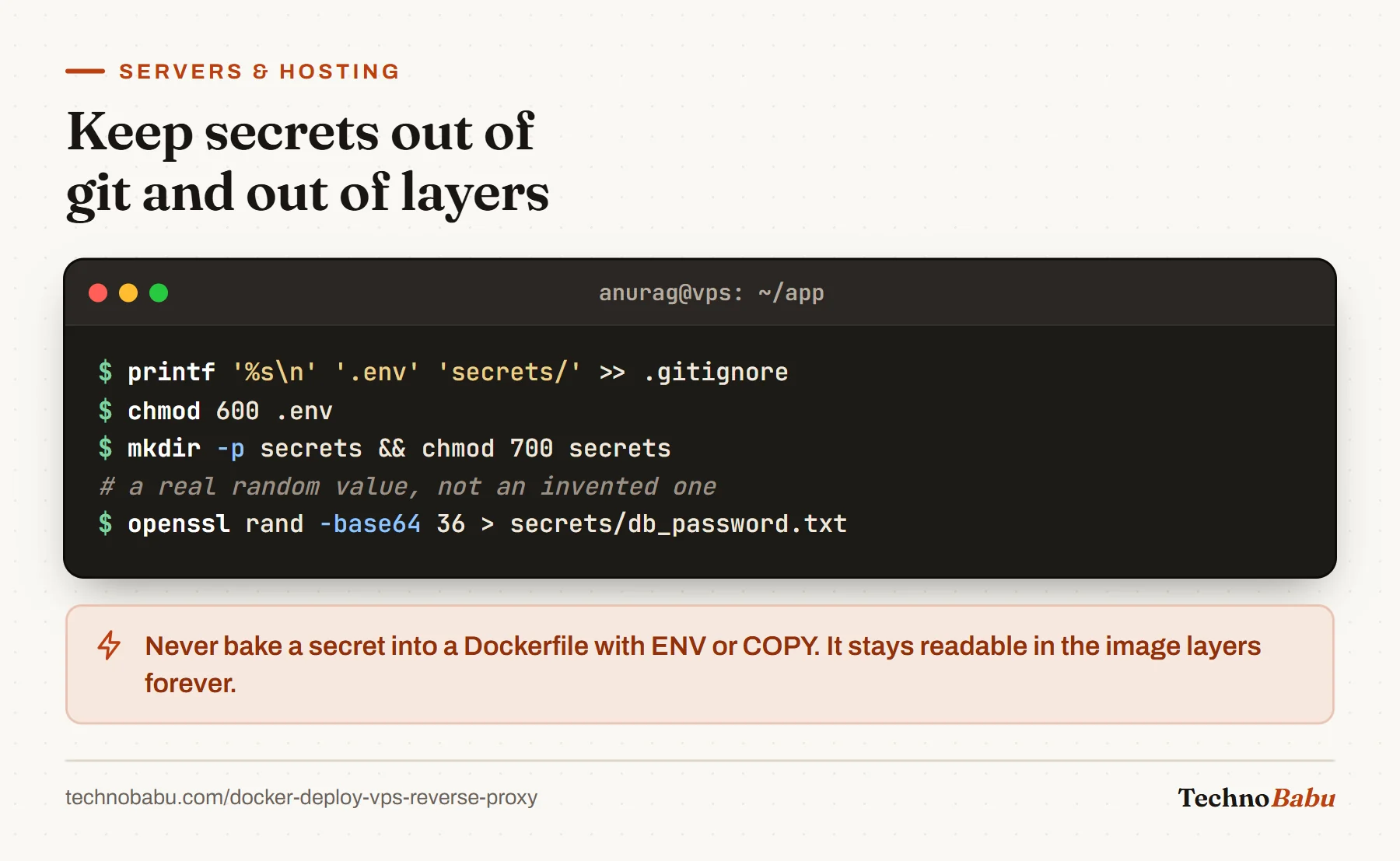 Terminal: add .env and secrets to .gitignore, chmod 600 the .env file, create a 700 secrets directory, and generate a random password with openssl rand.