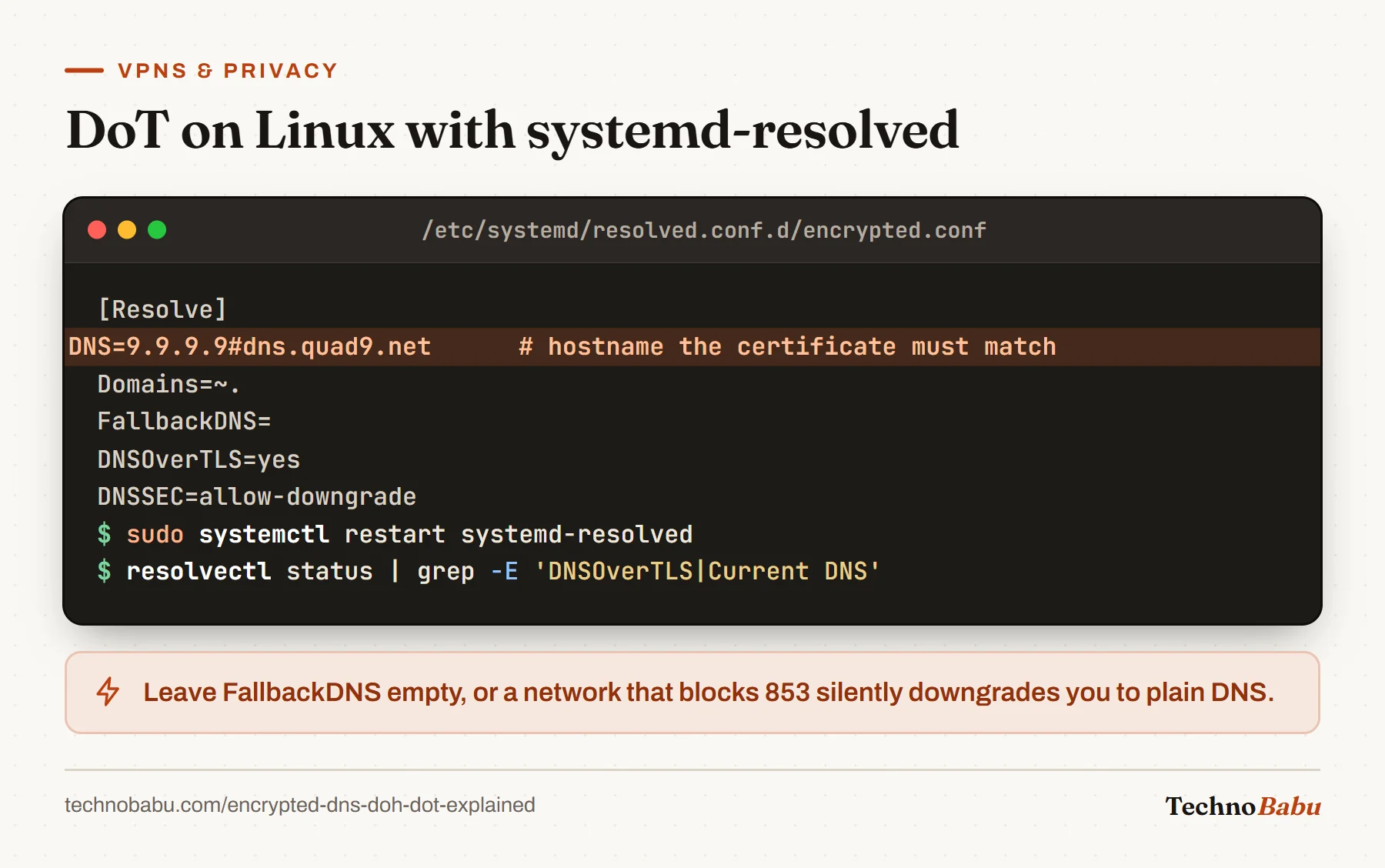 systemd-resolved drop-in with DNS 9.9.9.9#dns.quad9.net highlighted, Domains ~., an empty FallbackDNS and DNSOverTLS yes, then restart and verify with resolvectl.