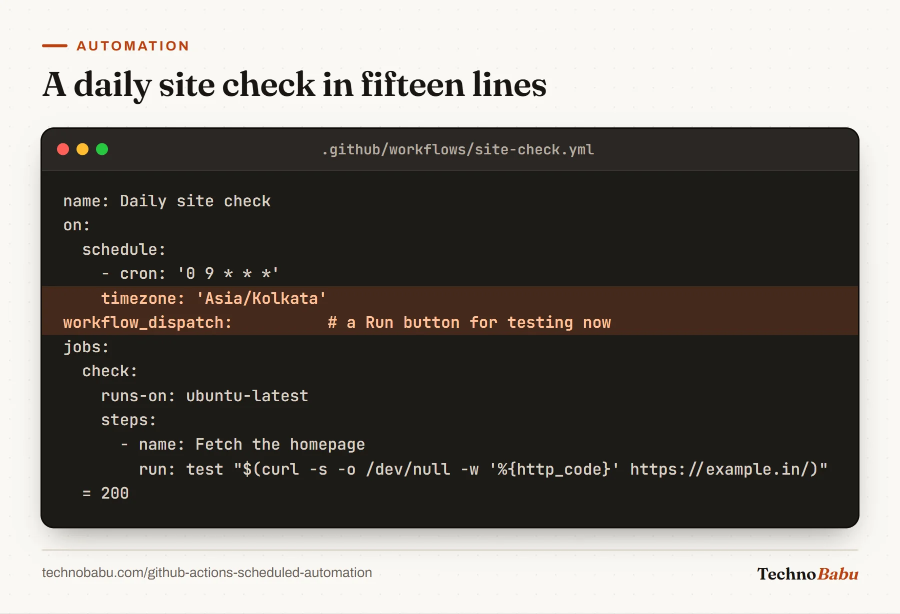 Workflow YAML scheduled at 09:00 Asia/Kolkata with workflow_dispatch, running a step that fails unless the homepage returns HTTP 200.