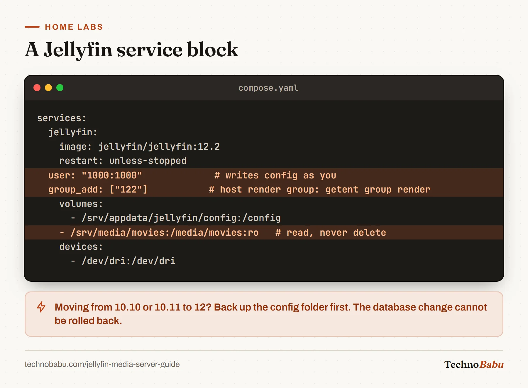 Compose block for Jellyfin 12.2 with user 1000:1000, the render group added, media mounted read-only and /dev/dri passed through, with those lines highlighted.