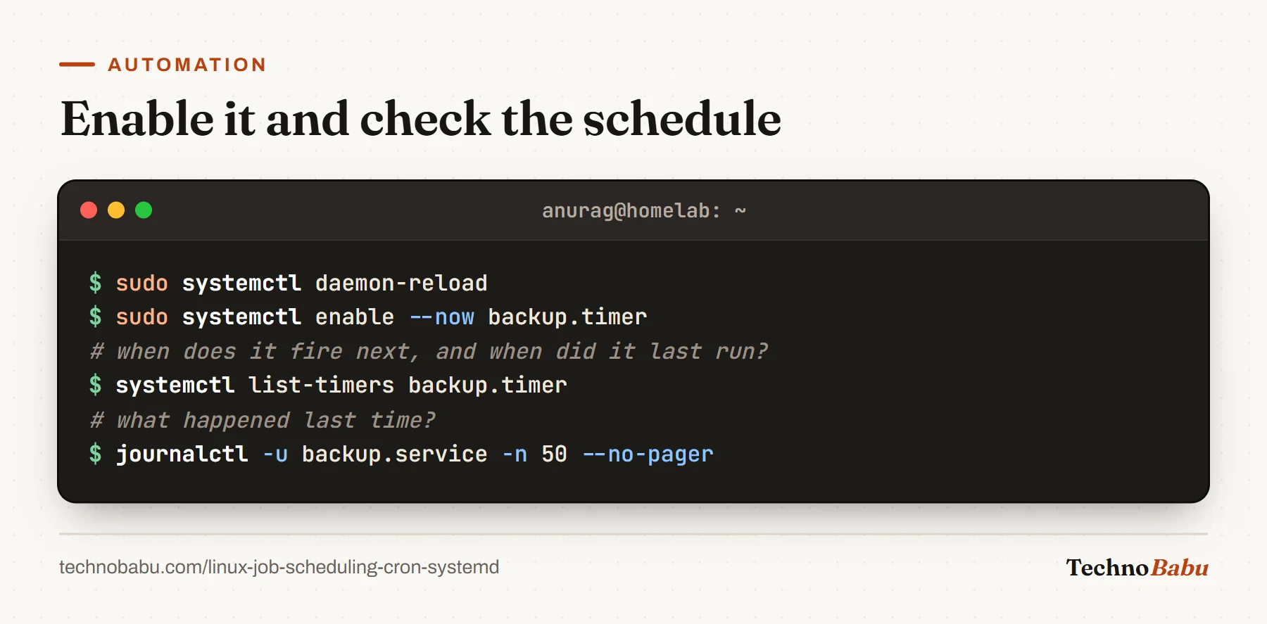 Terminal: daemon-reload, enable and start backup.timer, list-timers to see next and last run, and journalctl for the service's last 50 lines.