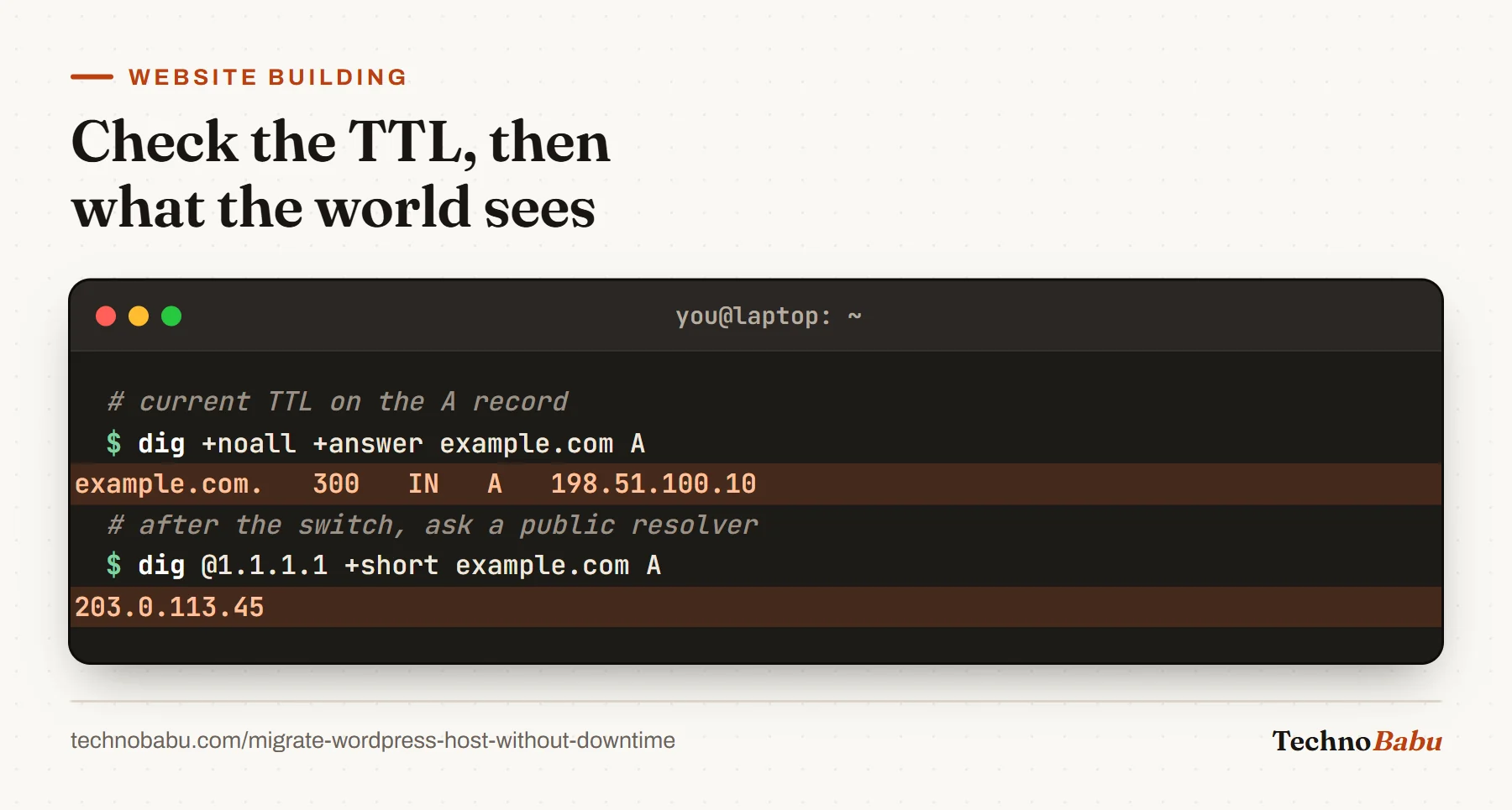 Terminal: dig shows example.com with a 300-second TTL on the old address, and after the switch Cloudflare's resolver returns the new address 203.0.113.45.