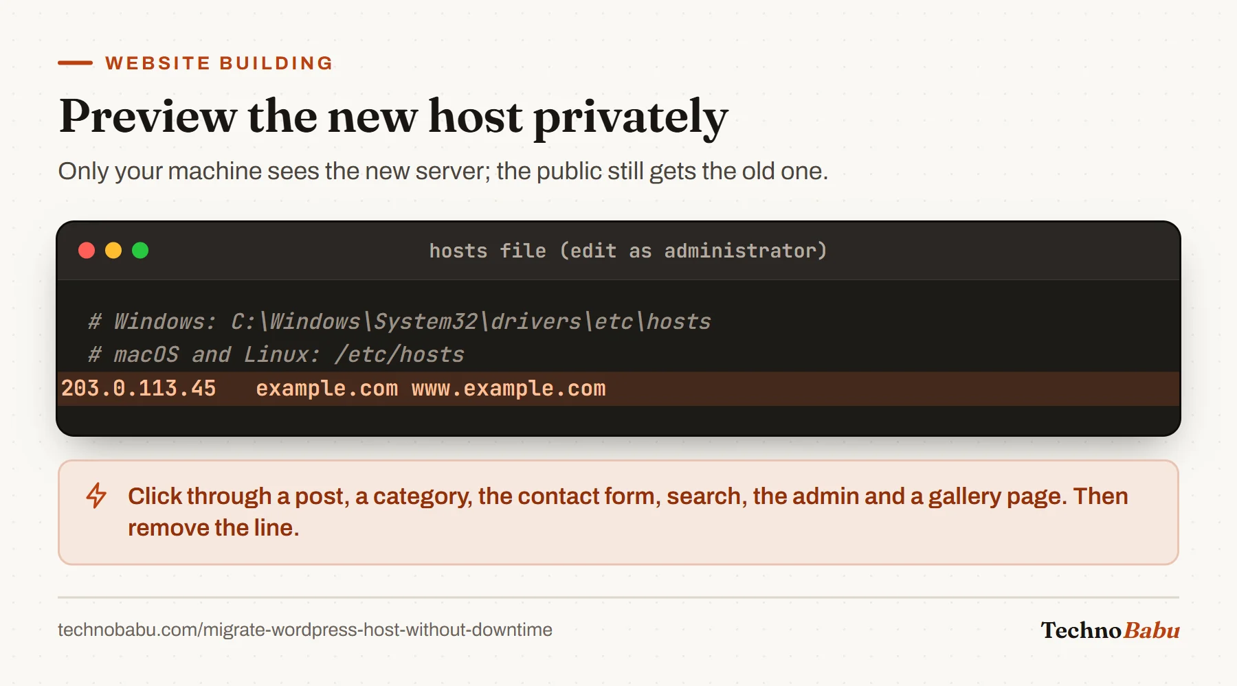 Hosts file entry mapping example.com and www.example.com to the new server at 203.0.113.45 for a private preview.