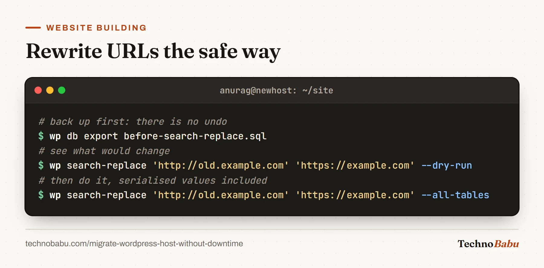 Terminal: WP-CLI exports the database, runs search-replace as a dry run, then runs it for real across all tables.