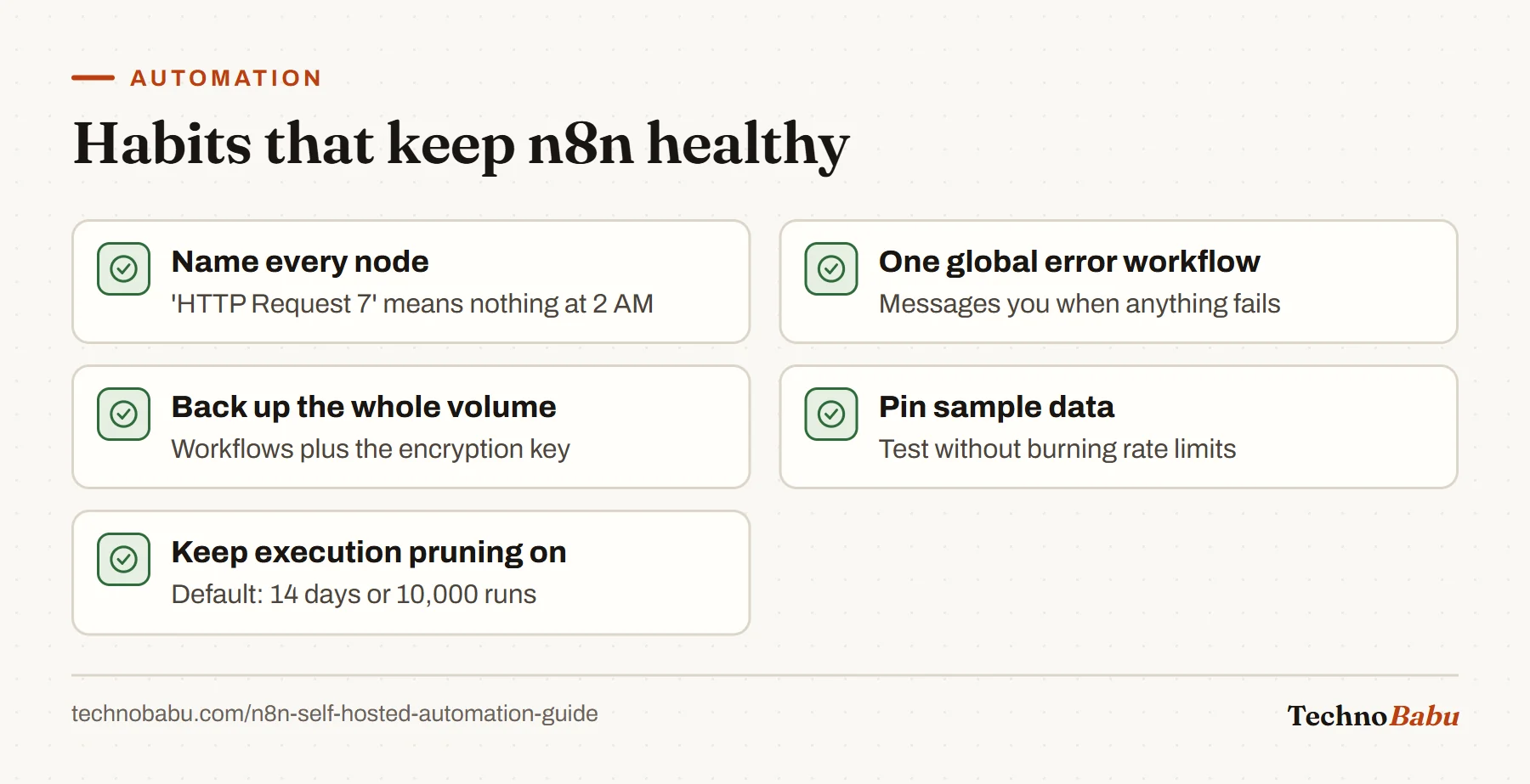 n8n habits: name nodes, set a global error workflow, back up the whole data volume, pin sample data, and keep execution pruning enabled.