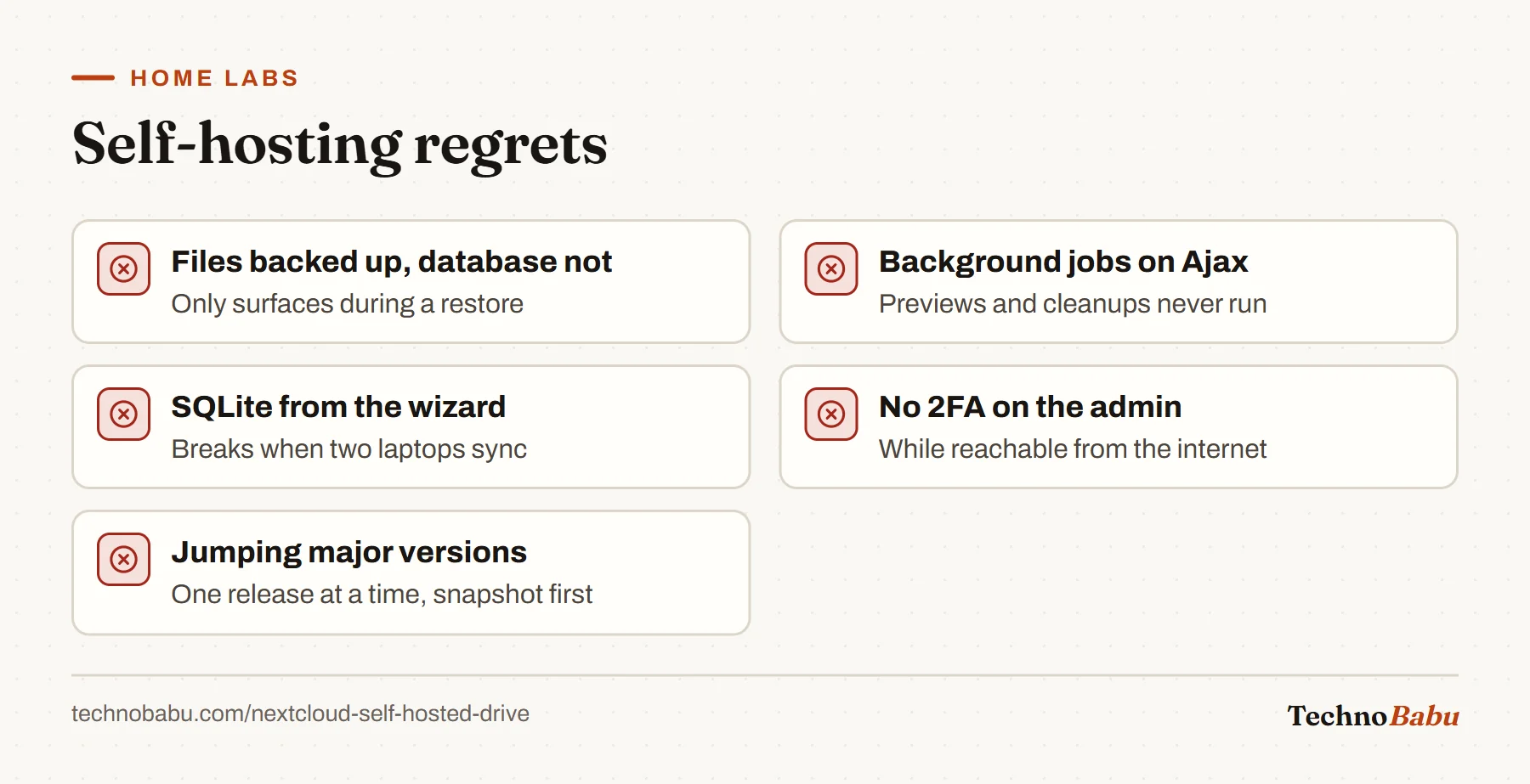 Five Nextcloud mistakes: backing up files without the database, leaving Ajax jobs, choosing SQLite, no admin two-factor, and skipping major versions.