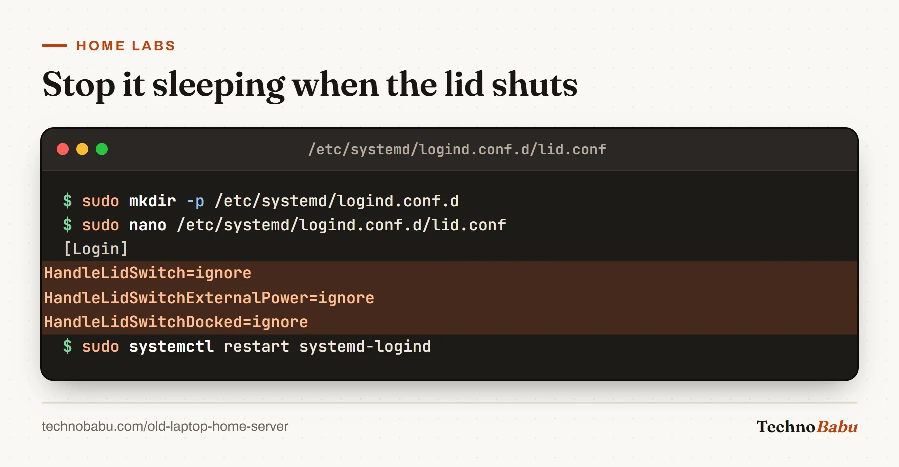 Terminal: create a logind drop-in with HandleLidSwitch, HandleLidSwitchExternalPower and HandleLidSwitchDocked set to ignore, then restart systemd-logind.