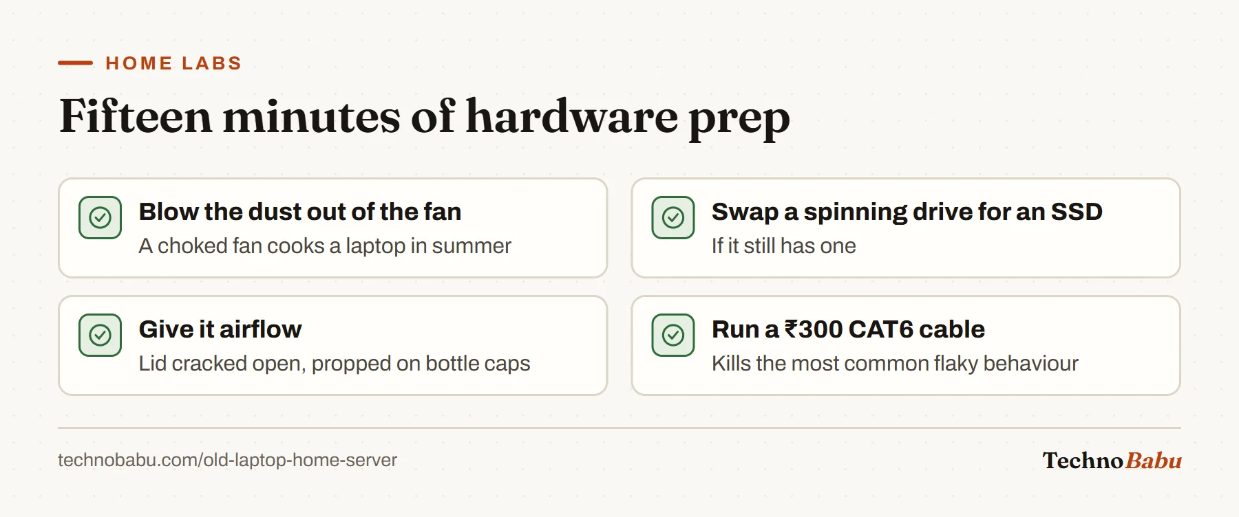 Hardware prep checklist: clean the fan, replace a hard disk with an SSD, give the laptop airflow, and connect it with an ethernet cable.