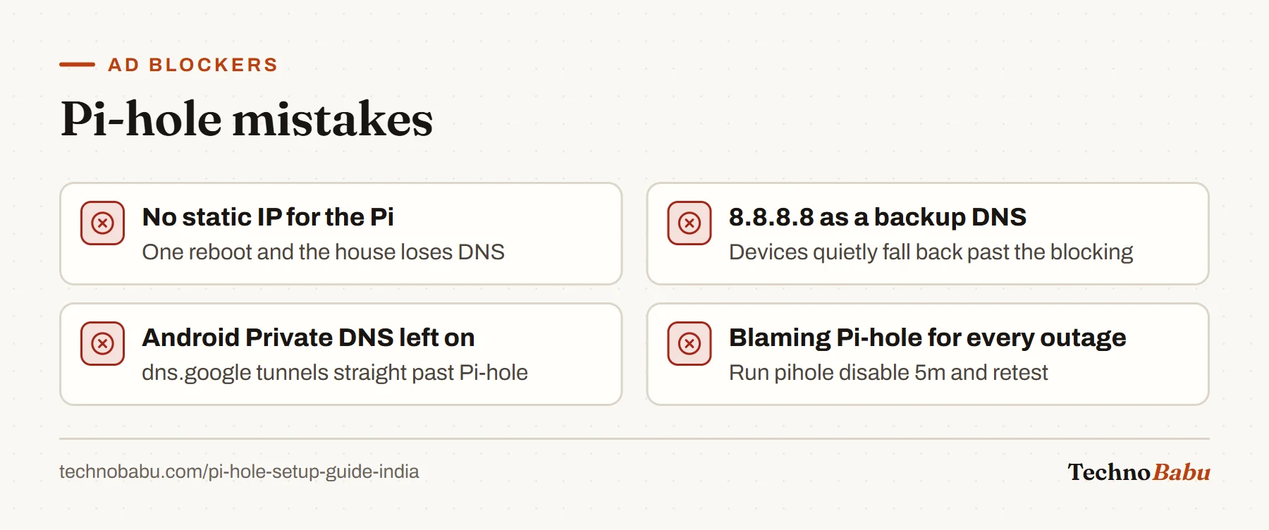 Pi-hole mistakes: no static IP, listing a second public DNS server, Android Private DNS bypassing it, and blaming Pi-hole without pausing it first.