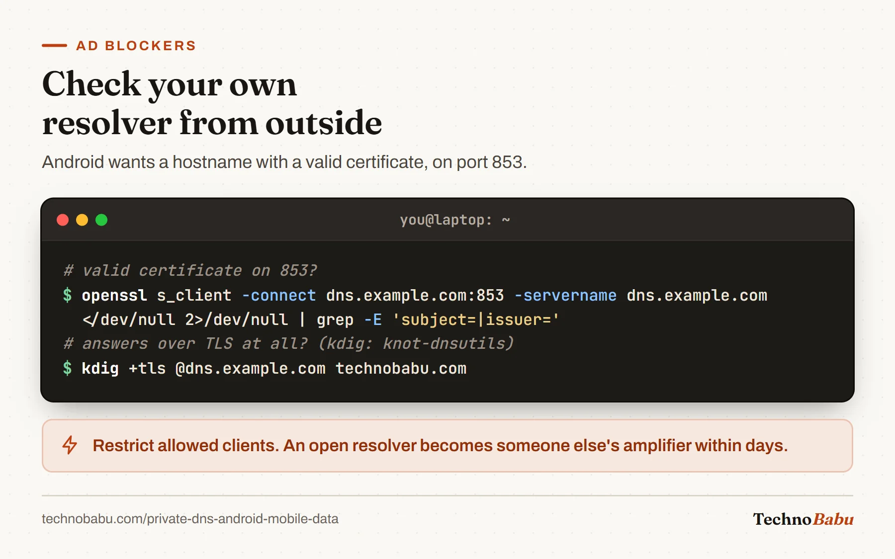 Terminal: openssl s_client checks the certificate subject and issuer on port 853, and kdig +tls tests a DNS-over-TLS lookup.