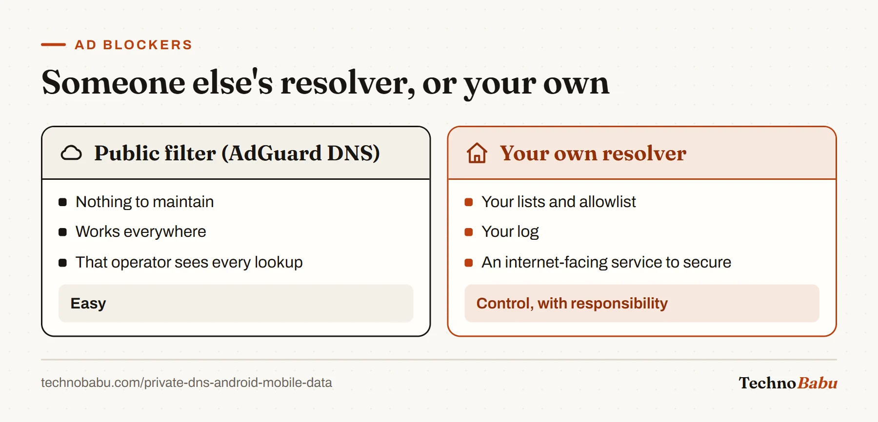 Comparison: a public filtering resolver like AdGuard DNS needs no maintenance but sees every lookup; your own resolver gives control but must be secured.