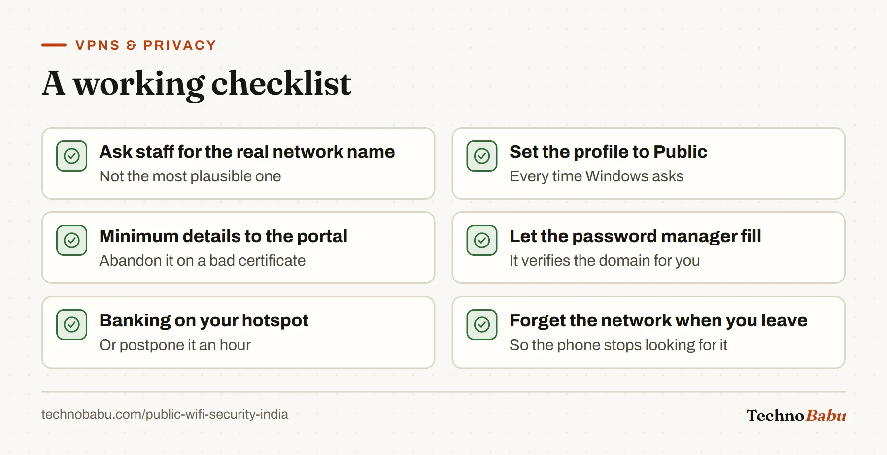 Public Wi-Fi checklist: confirm the network name, set Public, give the portal little, let the password manager fill, bank on a hotspot, and forget the network afterwards.