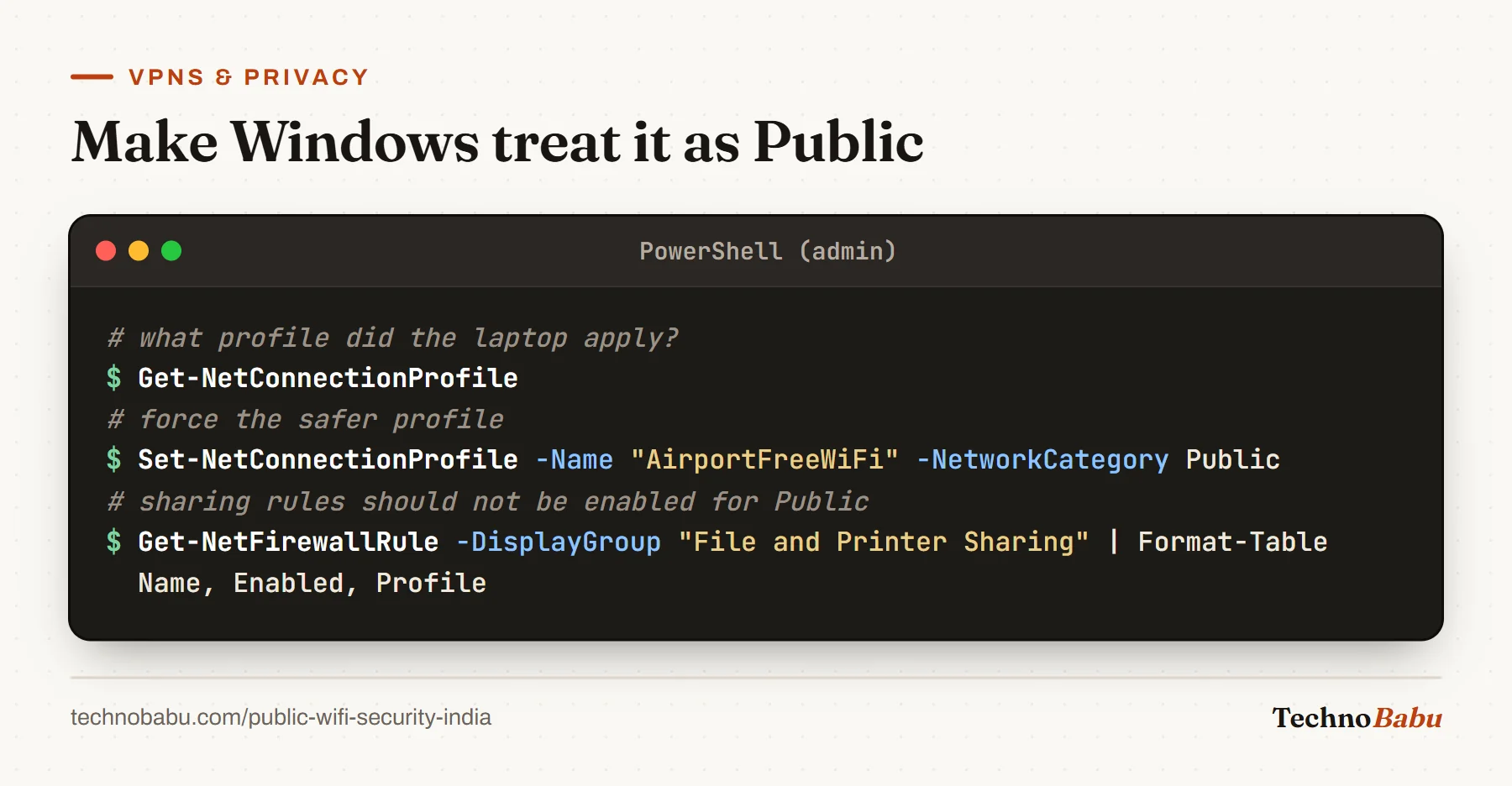 PowerShell: Get-NetConnectionProfile, Set-NetConnectionProfile to Public for AirportFreeWiFi, and listing File and Printer Sharing firewall rules with their profiles.