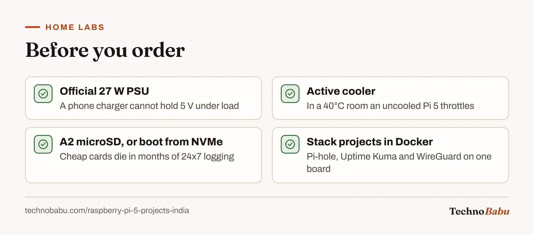 Checklist before buying a Pi 5: official 27 W power supply, active cooler, A2 microSD or NVMe boot, and stacking several services in Docker.