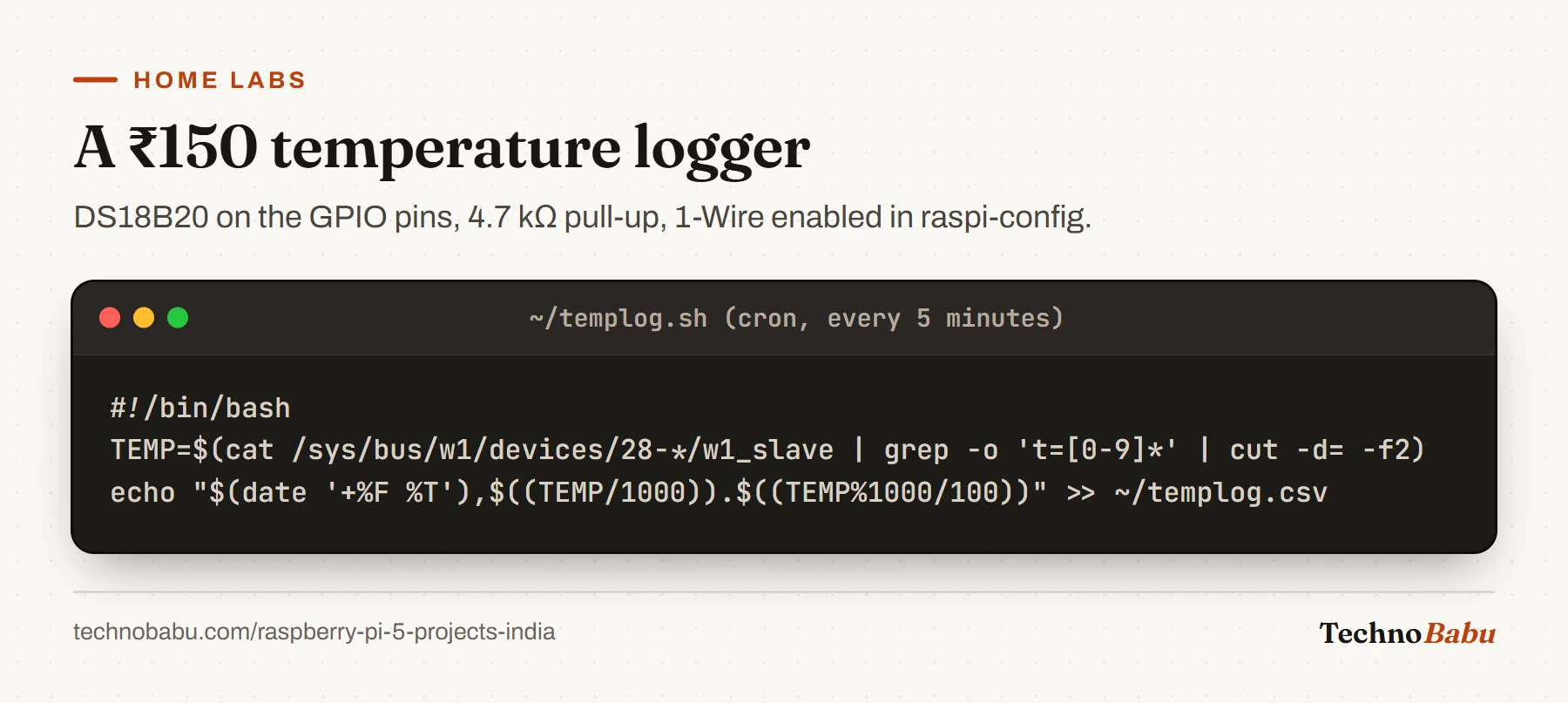 Bash script reading a DS18B20 sensor from /sys/bus/w1/devices and appending a timestamp and temperature to templog.csv, run by cron every five minutes.
