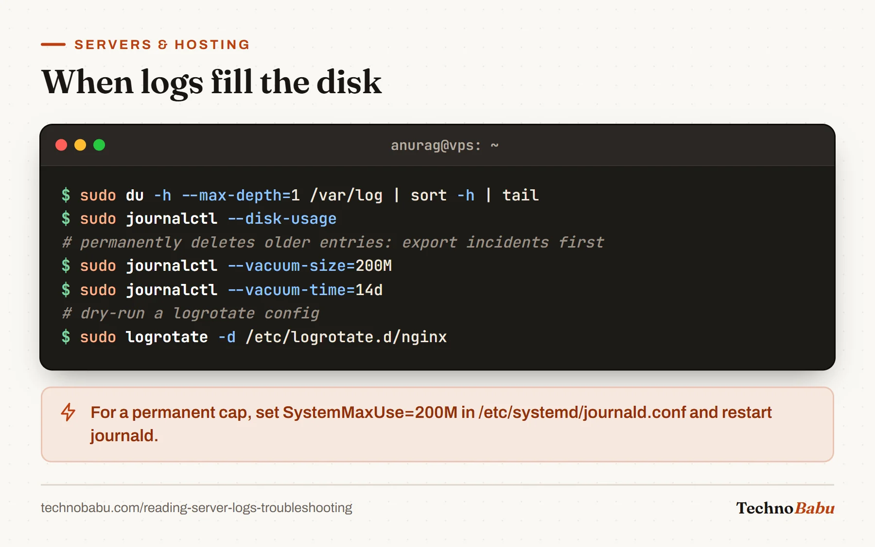Terminal: du finds the biggest directories in /var/log, journalctl reports and vacuums journal size and age, and logrotate -d dry-runs the nginx config.