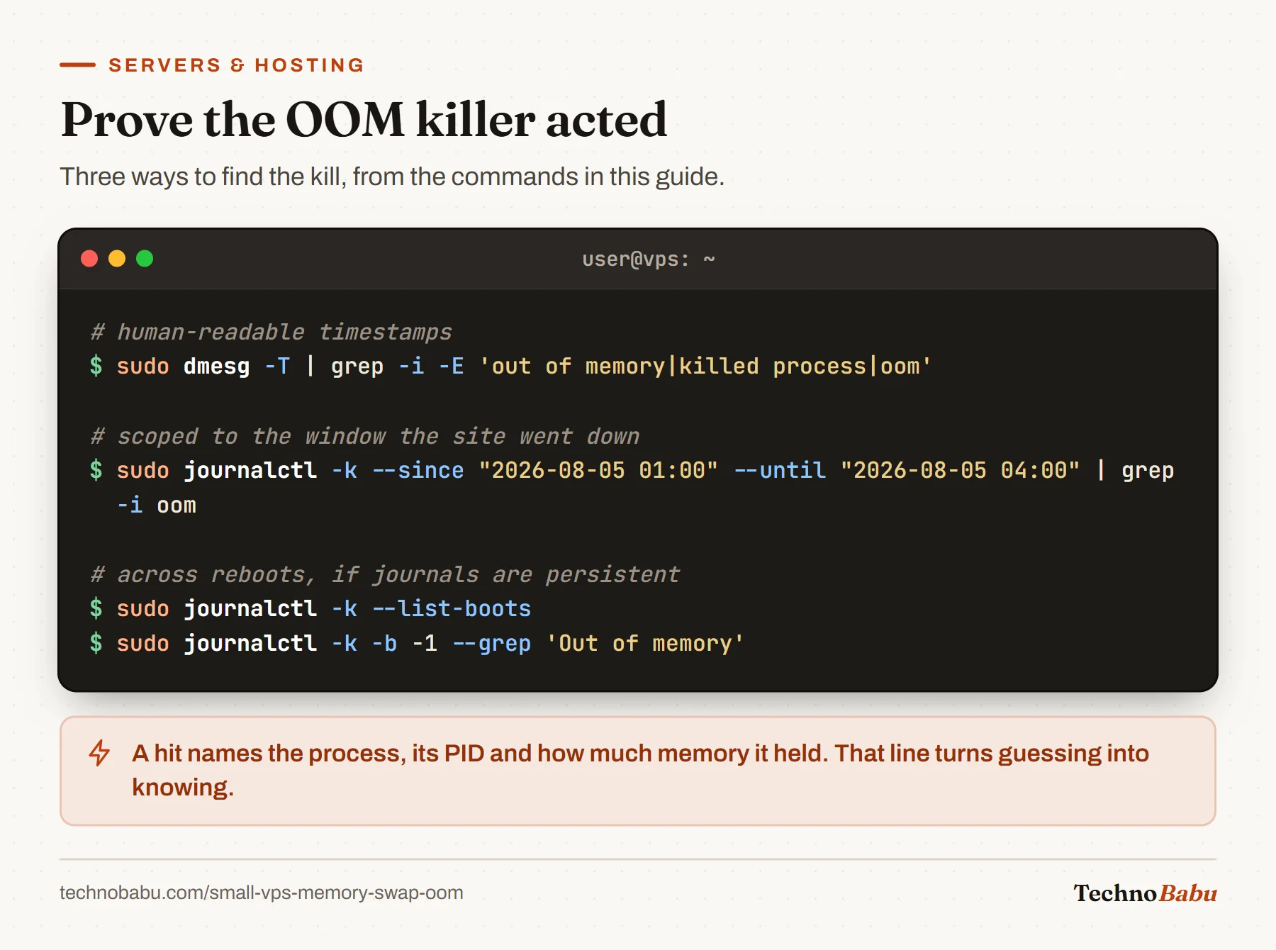 Terminal with three kernel log searches for OOM kills: dmesg -T with grep, journalctl -k for a time window, and journalctl for the previous boot.