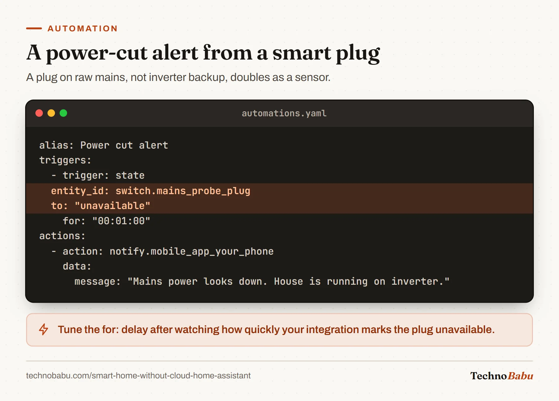 Home Assistant YAML: when switch.mains_probe_plug becomes unavailable for one minute, send a phone notification that mains power is down.