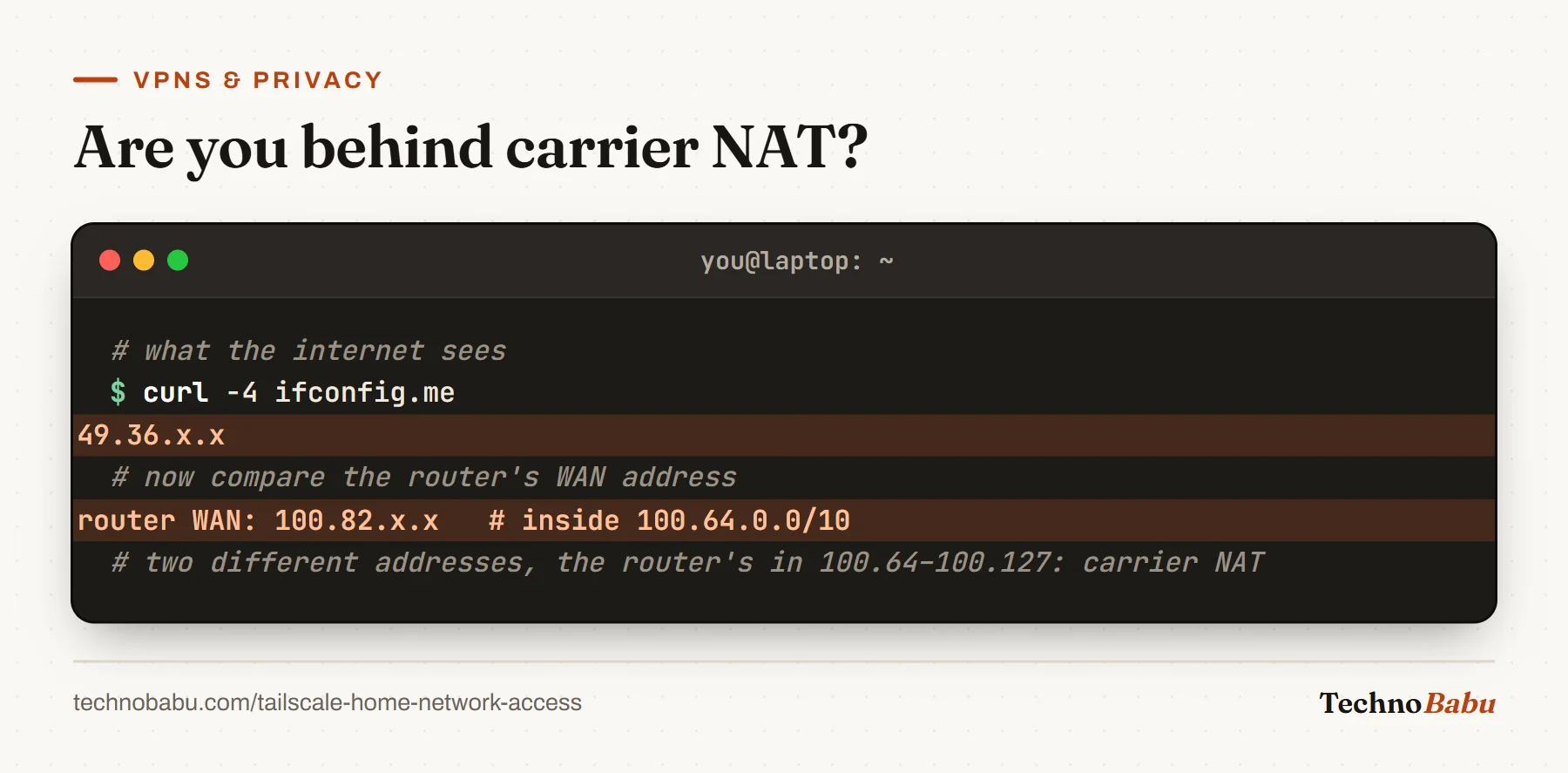 Terminal: curl ifconfig.me returns one public address while the router's WAN shows an address beginning 100.82, inside 100.64.0.0/10, meaning carrier-grade NAT.