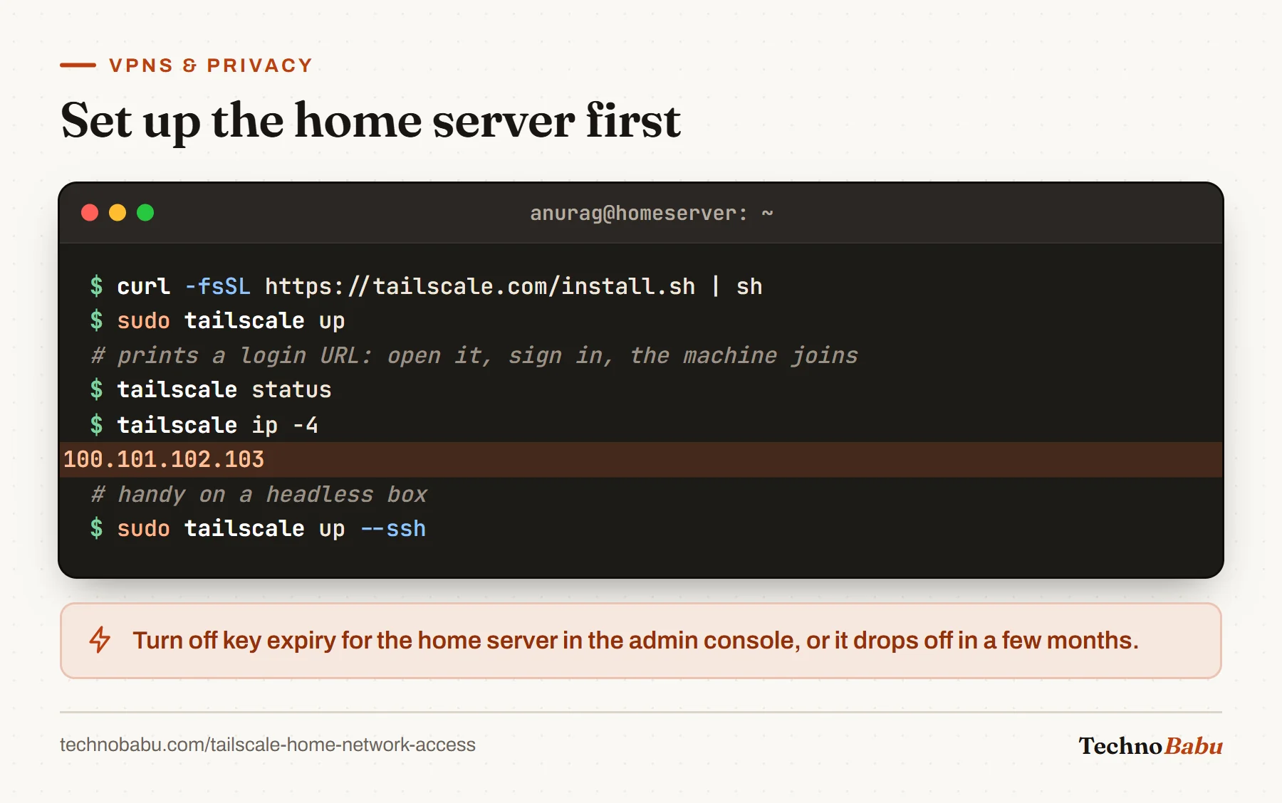 Terminal: install Tailscale, run tailscale up, check status and the 100.x IPv4 address, and optionally enable Tailscale SSH.