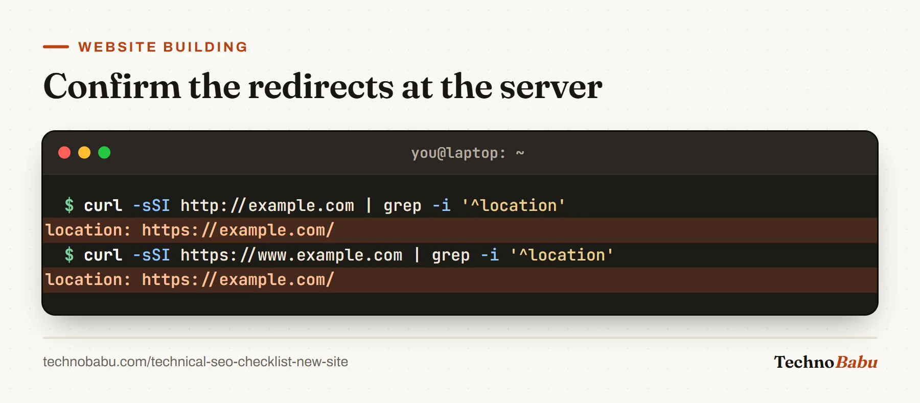 Terminal: curl -sSI for the http and www variants shows location headers pointing to https://example.com/.