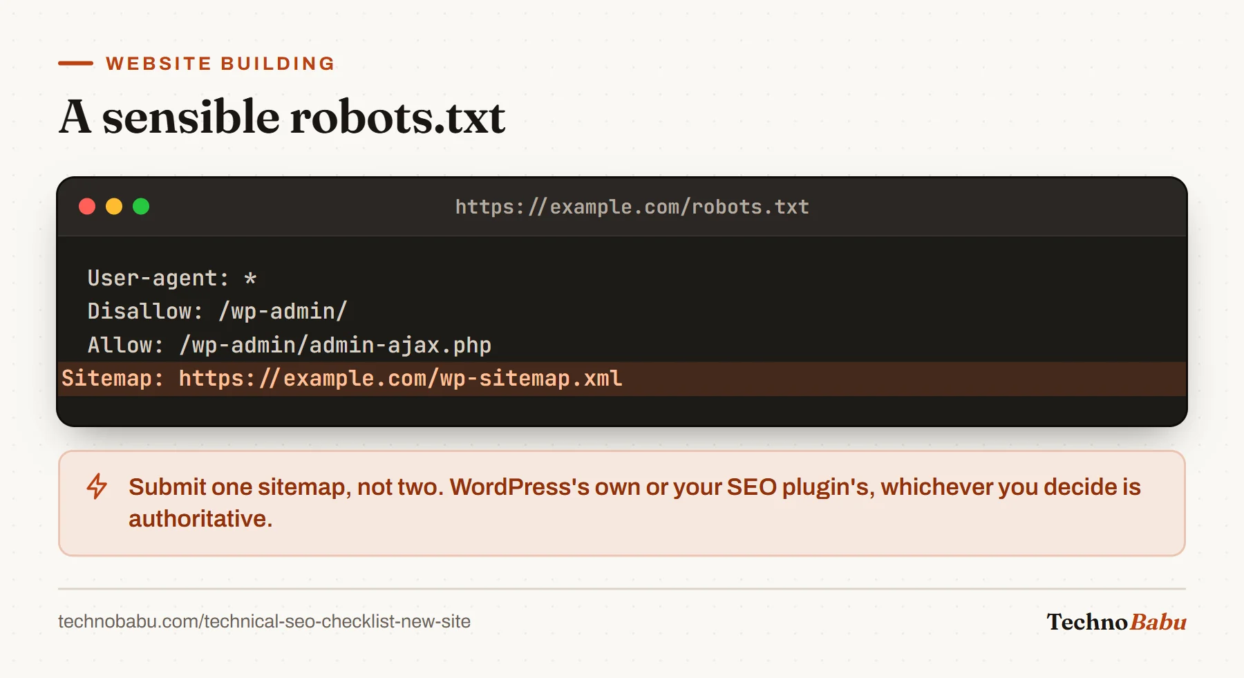 robots.txt allowing all crawlers except /wp-admin/, allowing admin-ajax.php, and declaring the sitemap at /wp-sitemap.xml.