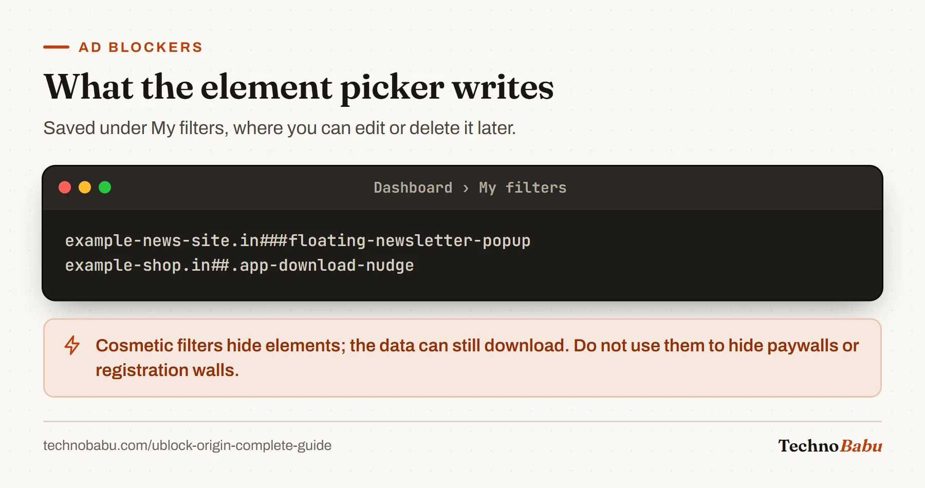 Two cosmetic filters created by the element picker: one hiding a floating newsletter popup by ID and one hiding an app-download nudge by class.