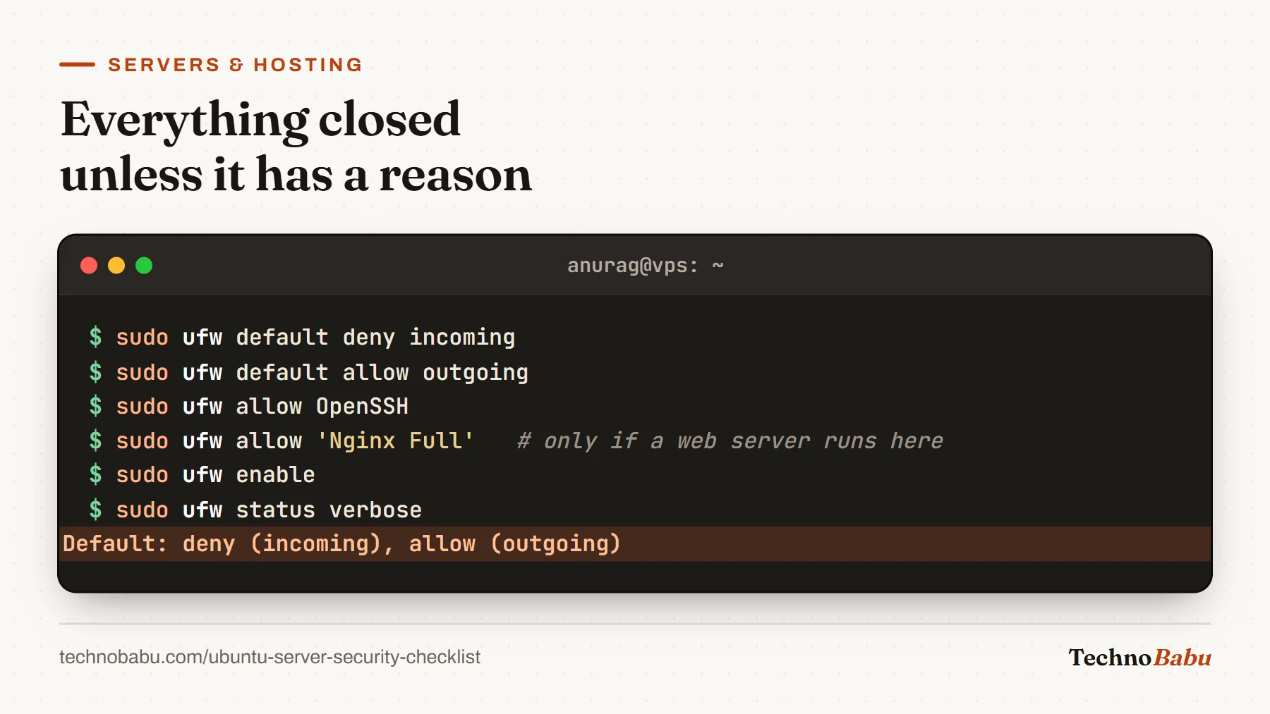 Terminal: ufw default deny incoming, allow outgoing, allow OpenSSH and Nginx Full, enable, and status verbose showing deny incoming.