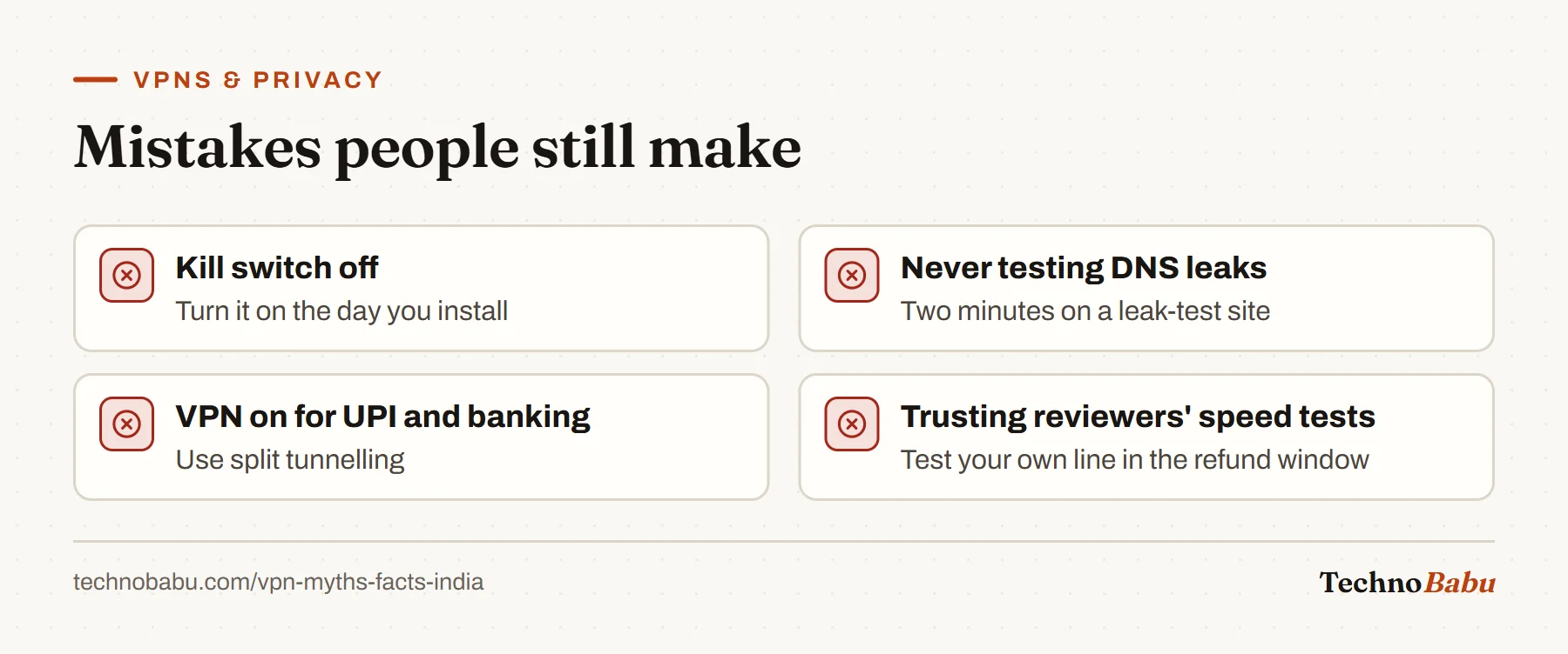 Four mistakes: kill switch off, no DNS leak test, VPN active for UPI and banking apps, and trusting speed tests from reviewers abroad.