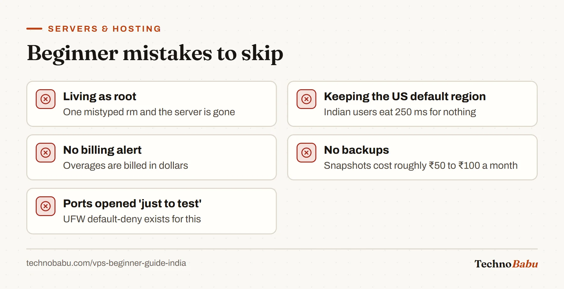 Five mistakes: working as root, keeping a US region, no billing alert, no backups, and leaving test ports open.