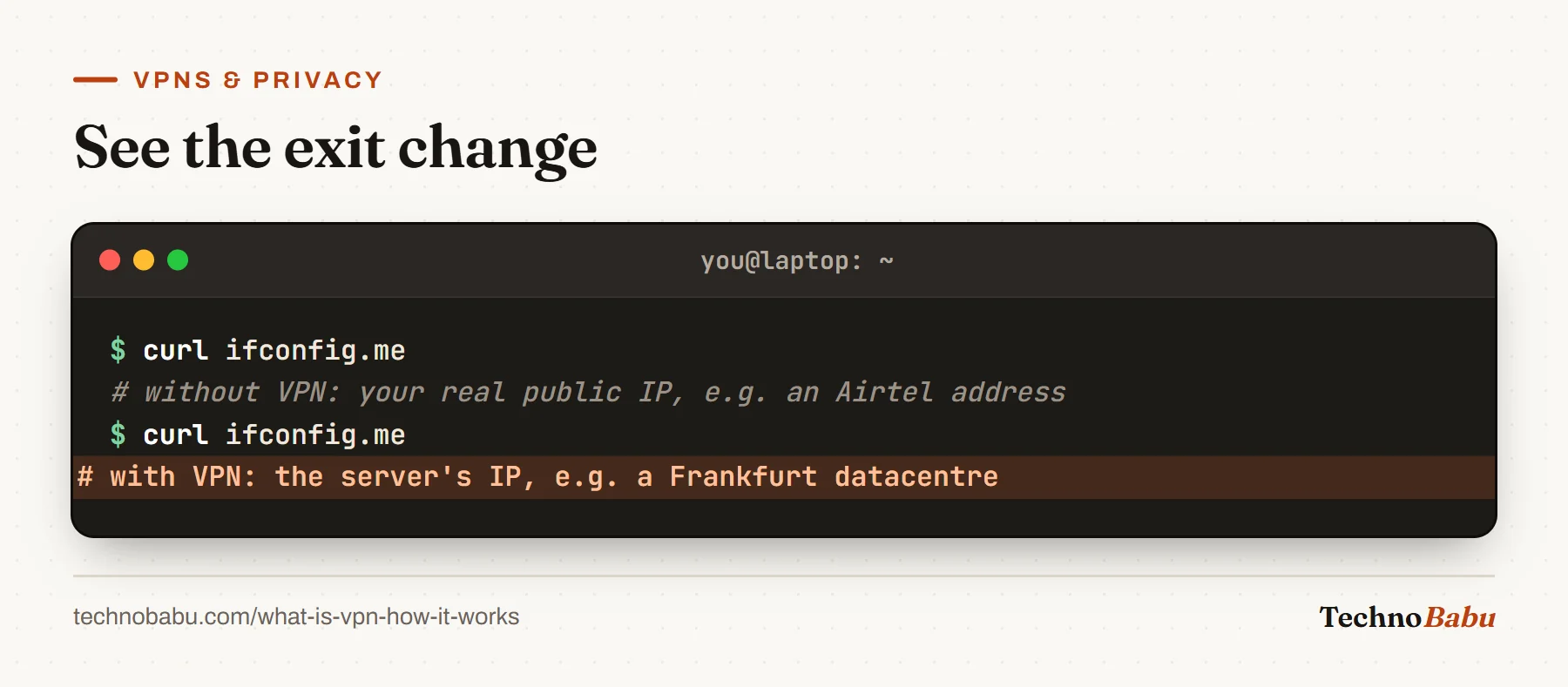 Terminal: curl ifconfig.me shows your ISP address without a VPN and the VPN server's datacentre address with it.
