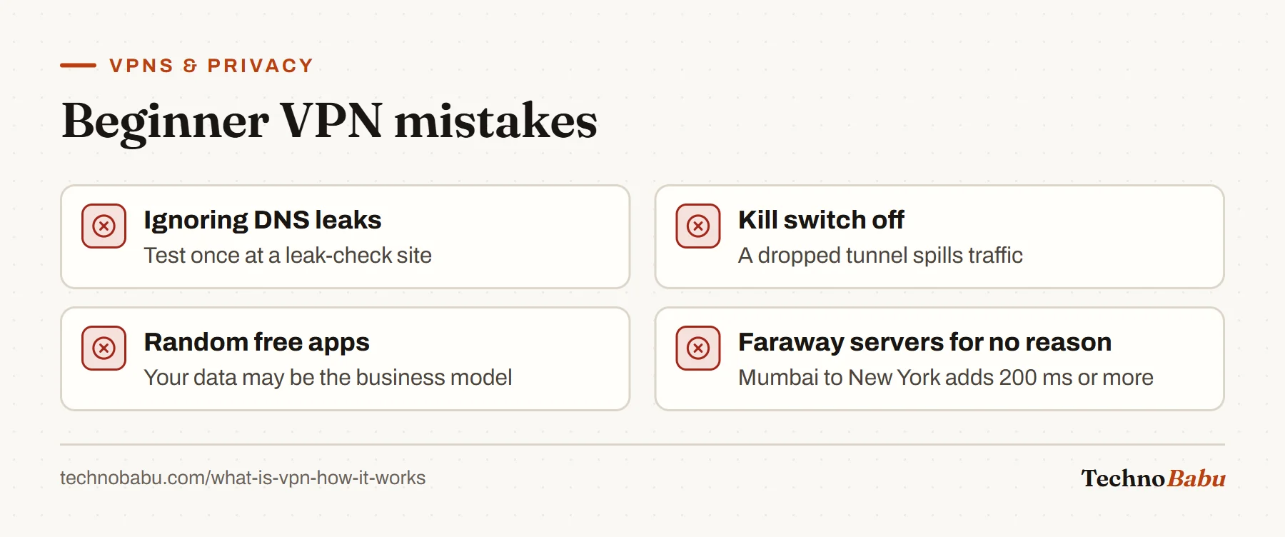 Four VPN mistakes: not testing for DNS leaks, leaving the kill switch off, trusting unknown free apps, and connecting to distant servers without need.
