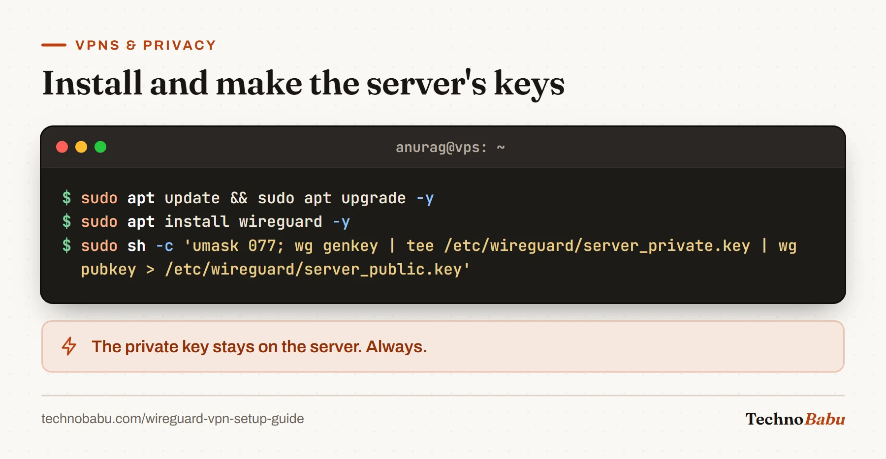Terminal: update the system, install wireguard, and generate the server's private and public keys with umask 077.