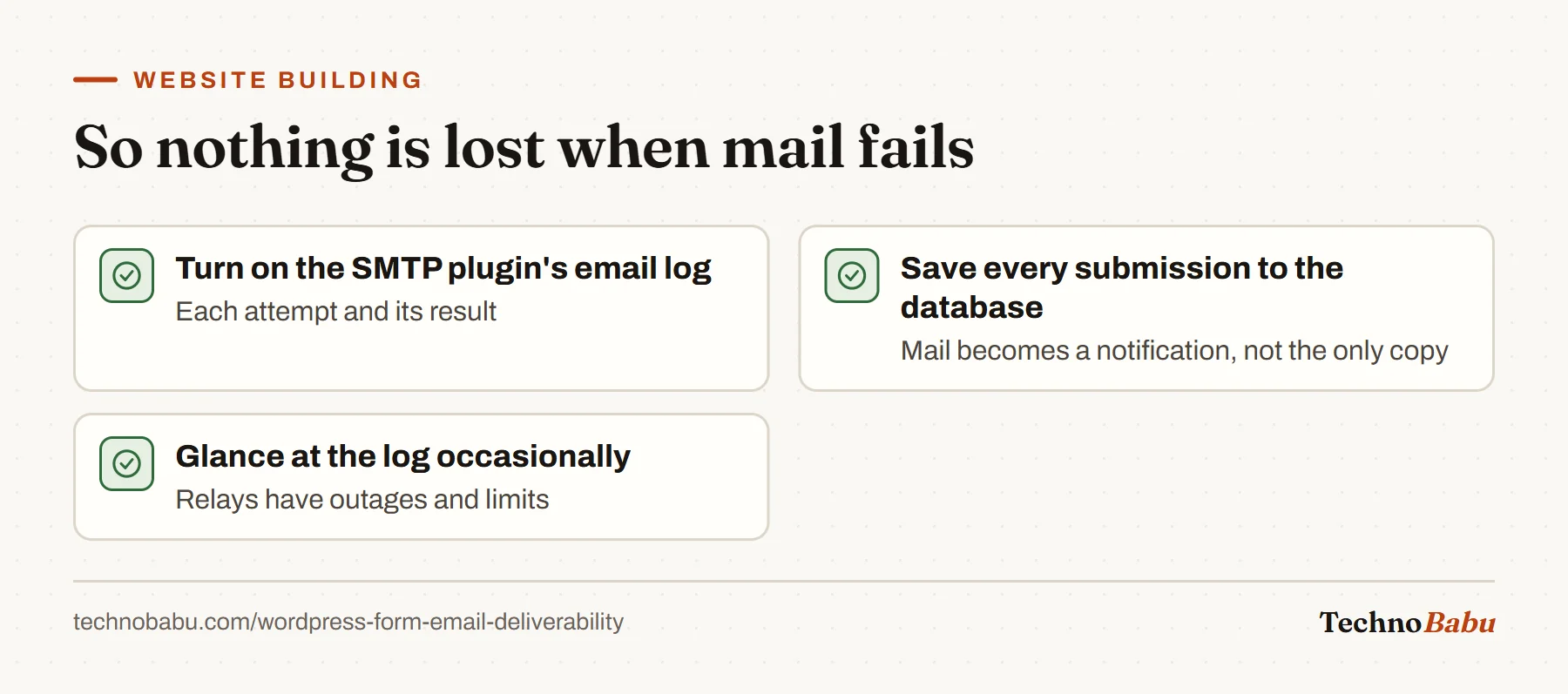 Checklist: enable the SMTP email log, save every form submission in the database, and check the log occasionally.