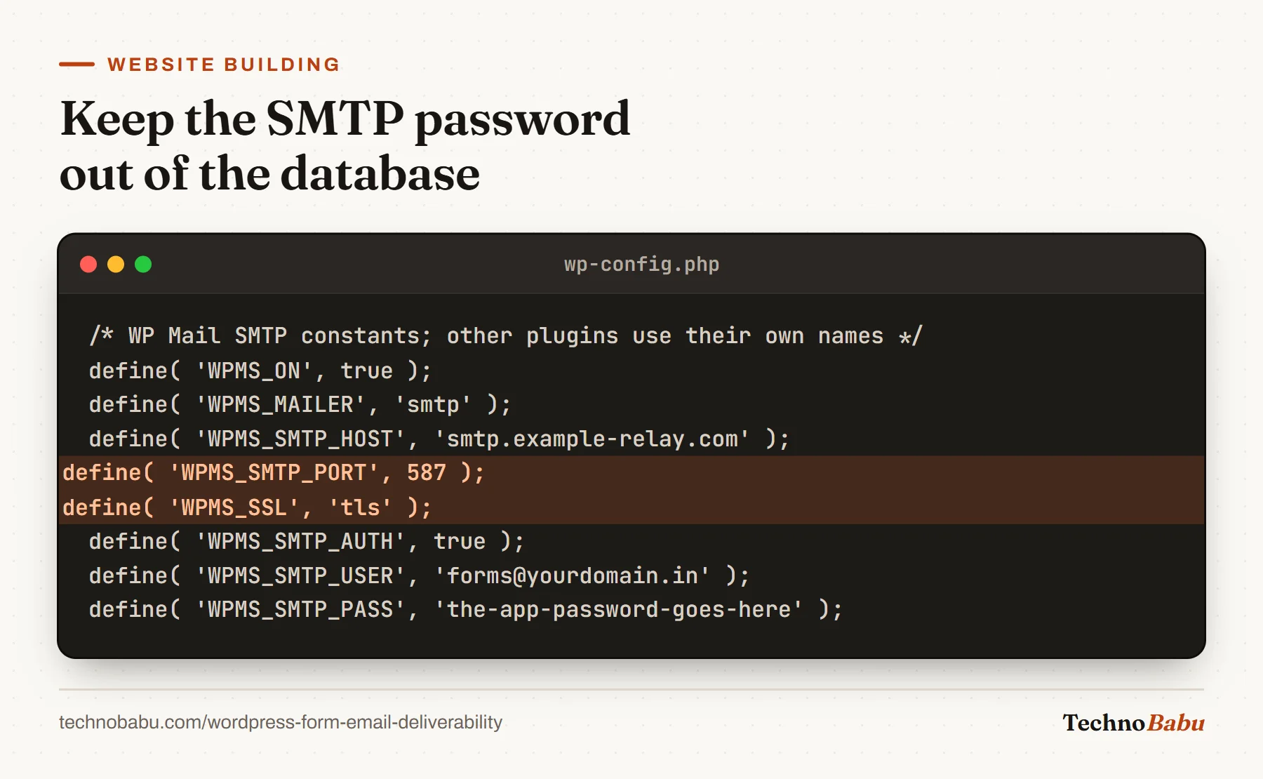 wp-config.php constants for WP Mail SMTP: SMTP mailer, relay host, port 587 and TLS highlighted, authentication on, and the forms@yourdomain.in username and app password.