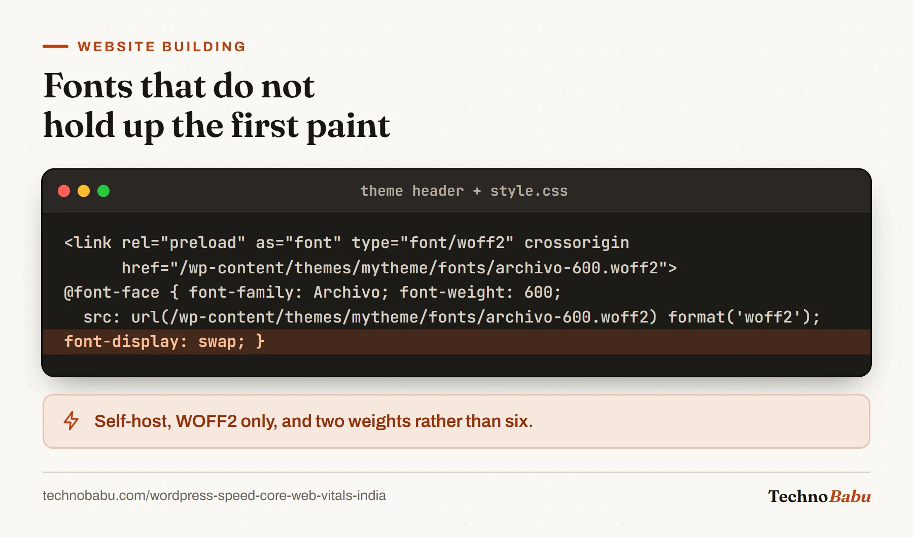 HTML preload link for a self-hosted Archivo WOFF2 font and an @font-face rule with font-display: swap highlighted.